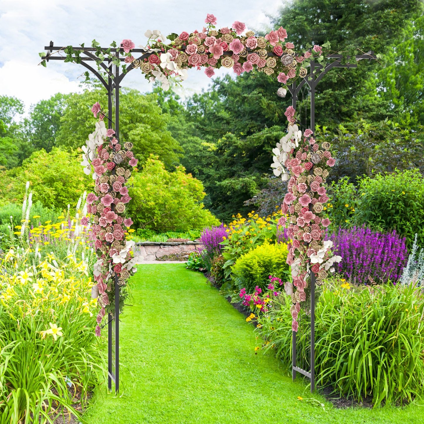 6.8 Feet Metal Garden Arbor with Elegant Trellises for Climbing Plants, Vines, and Roses
