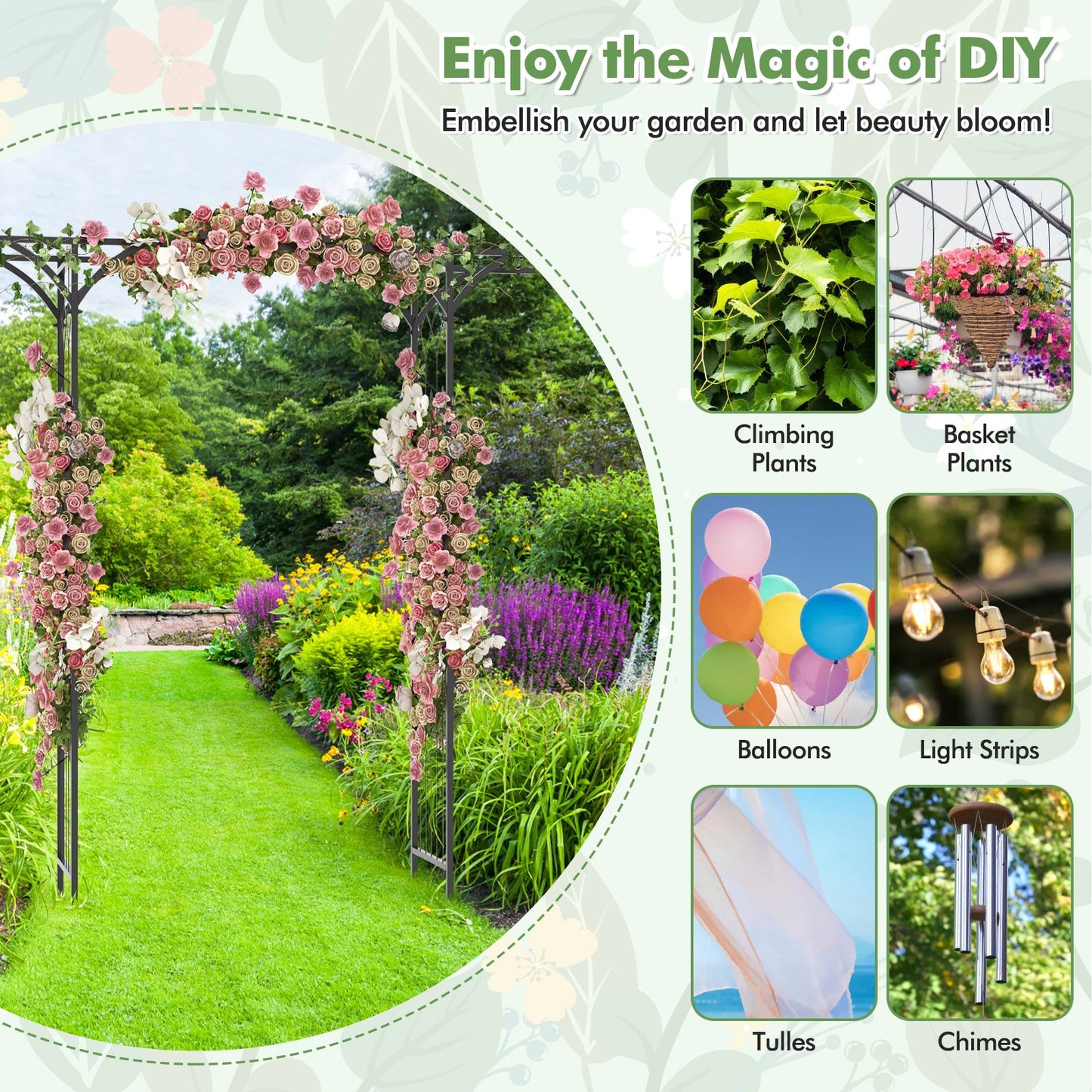 6.8 Feet Metal Garden Arbor with Elegant Trellises for Climbing Plants, Vines, and Roses