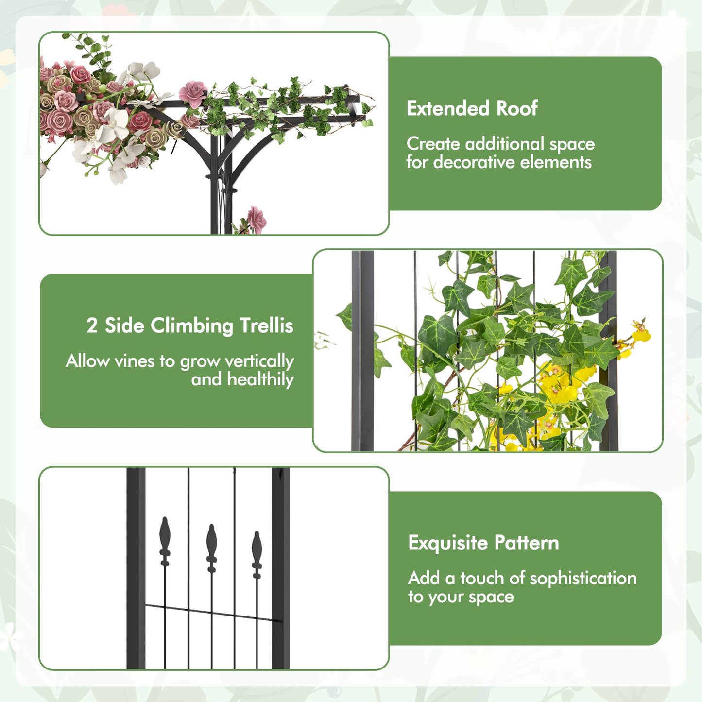 6.8 Feet Metal Garden Arbor with Elegant Trellises for Climbing Plants, Vines, and Roses