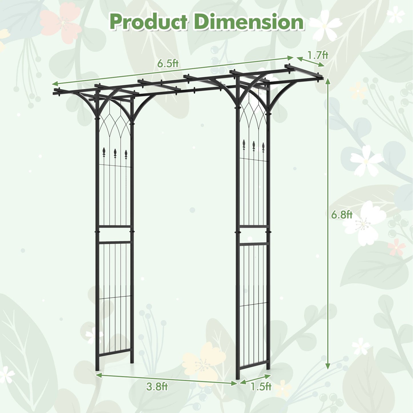 6.8 Feet Metal Garden Arbor with Elegant Trellises for Climbing Plants, Vines, and Roses