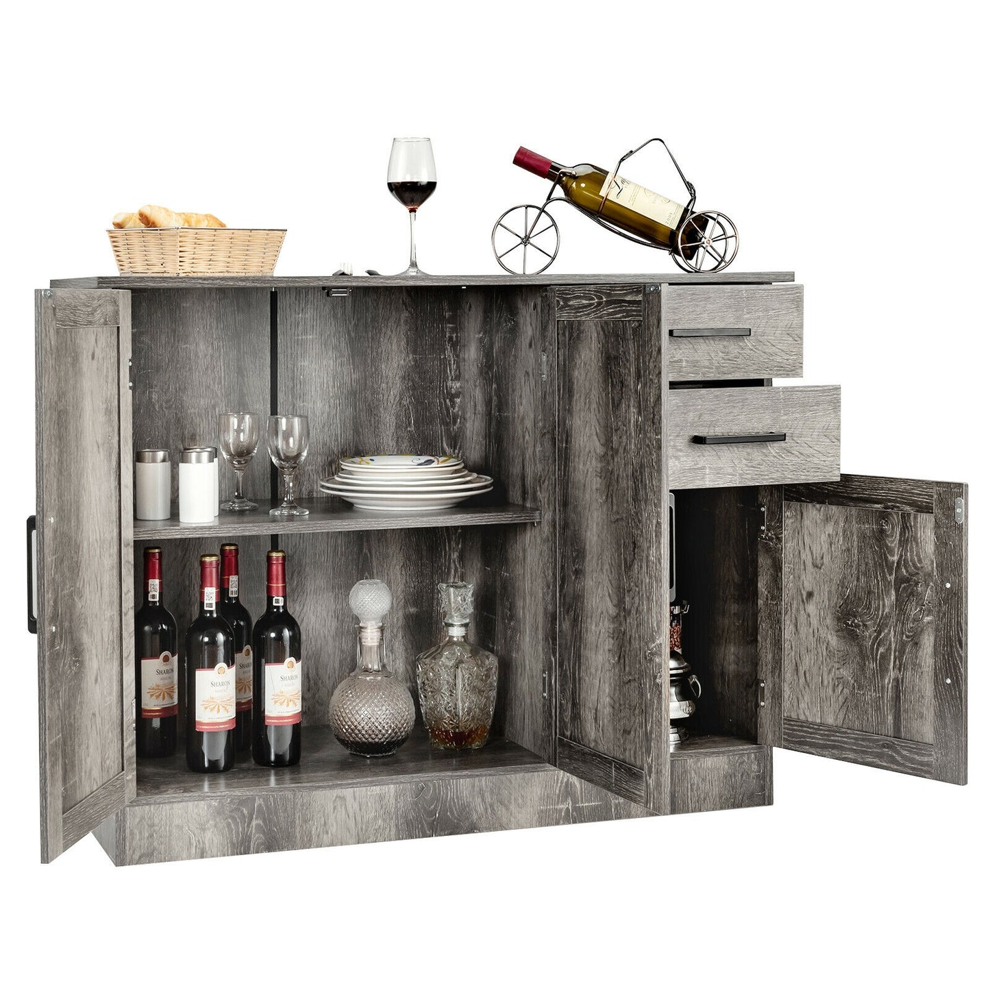 Modern Buffet Sideboard Cabinet with 2 Drawers and Adjustable Storage for Kitchen or Dining Room - Grey