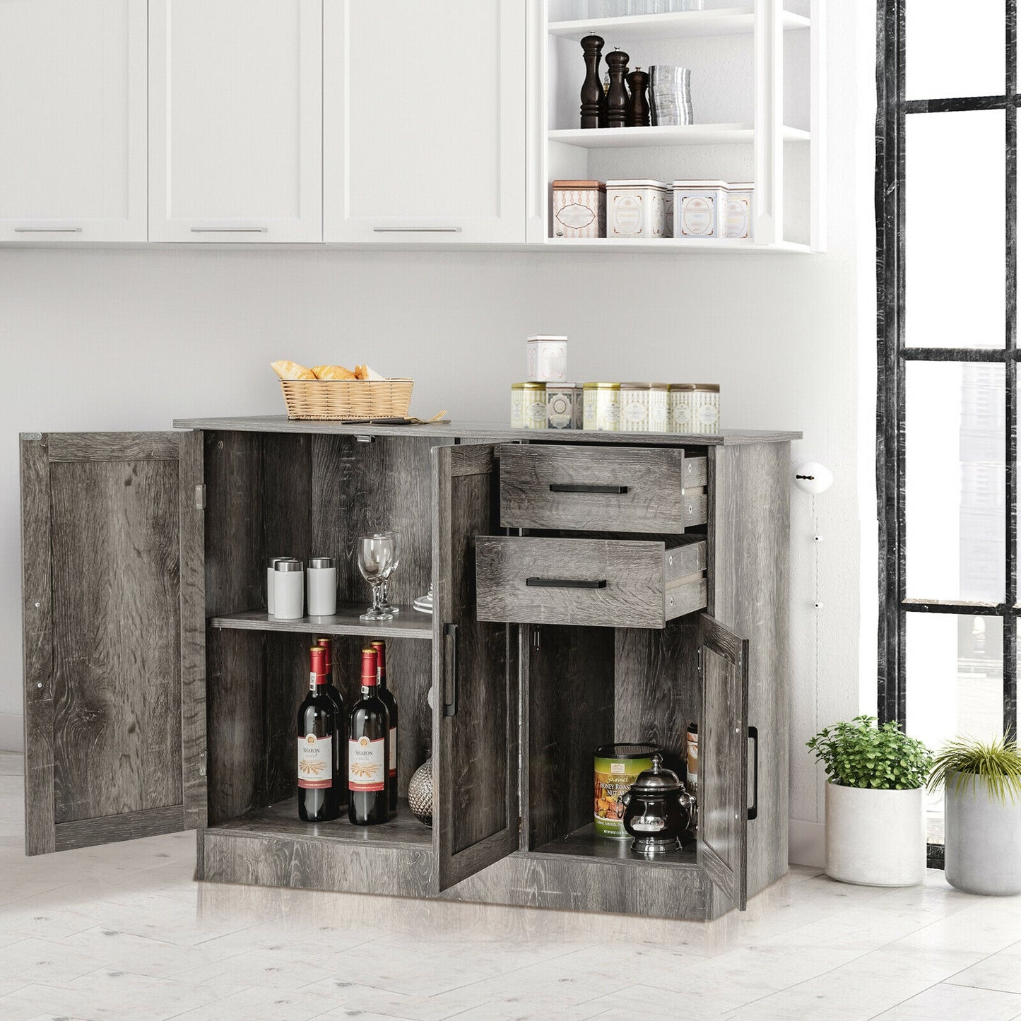 Modern Buffet Sideboard Cabinet with 2 Drawers and Adjustable Storage for Kitchen or Dining Room - Grey