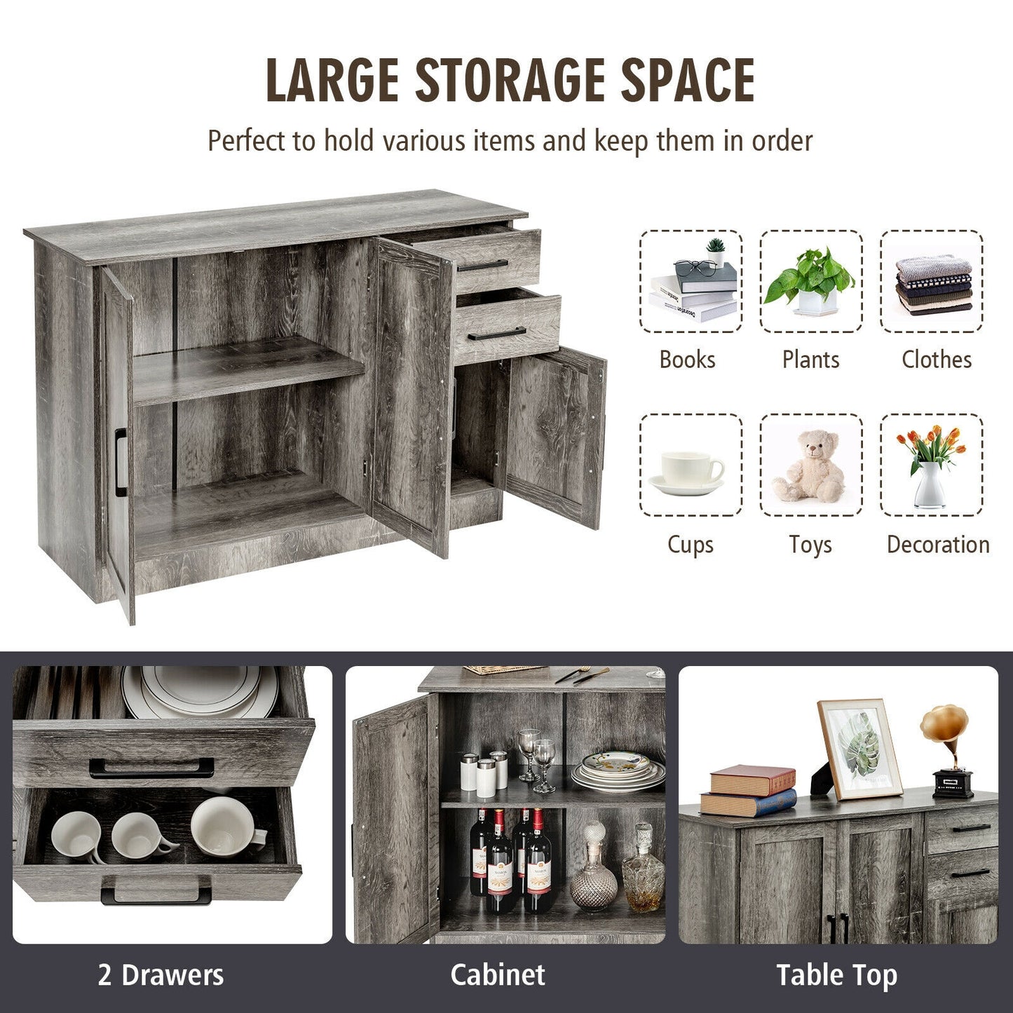 Modern Buffet Sideboard Cabinet with 2 Drawers and Adjustable Storage for Kitchen or Dining Room - Grey