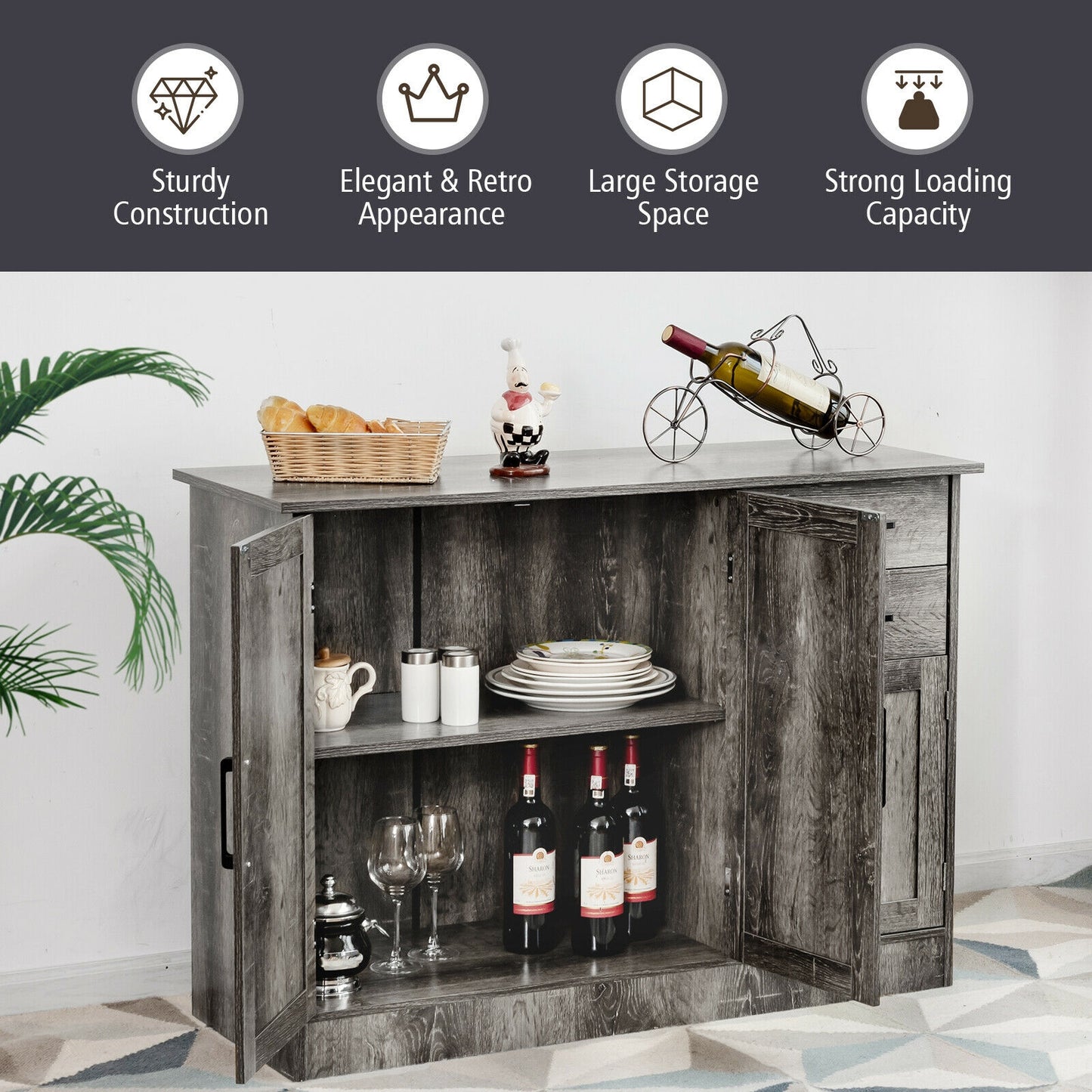 Modern Buffet Sideboard Cabinet with 2 Drawers and Adjustable Storage for Kitchen or Dining Room - Grey