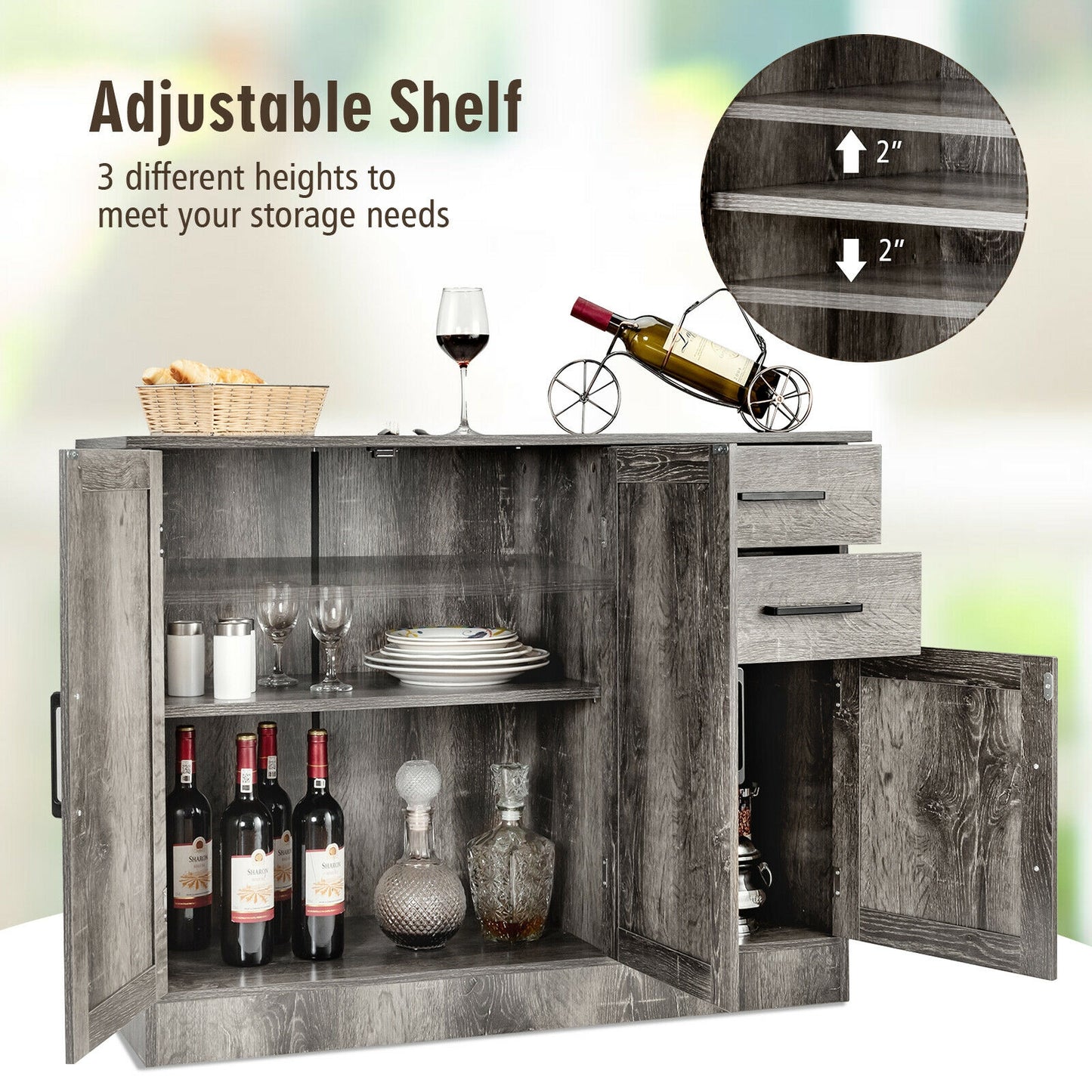 Modern Buffet Sideboard Cabinet with 2 Drawers and Adjustable Storage for Kitchen or Dining Room - Grey