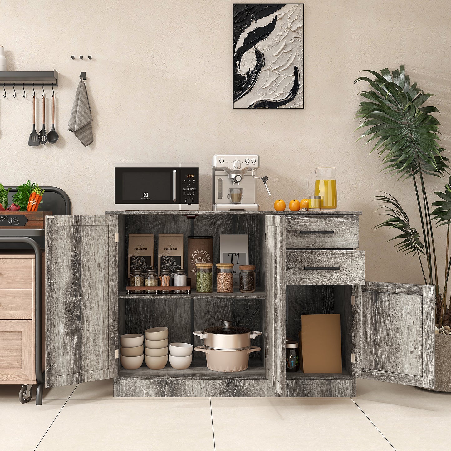 Modern Buffet Sideboard Cabinet with 2 Drawers and Adjustable Storage for Kitchen or Dining Room - Grey