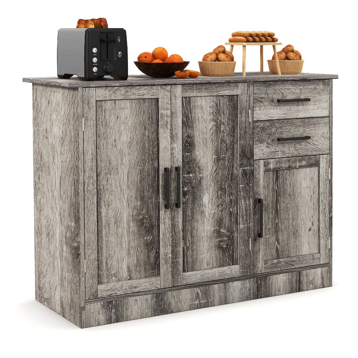 Modern Buffet Sideboard Cabinet with 2 Drawers and Adjustable Storage for Kitchen or Dining Room - Grey