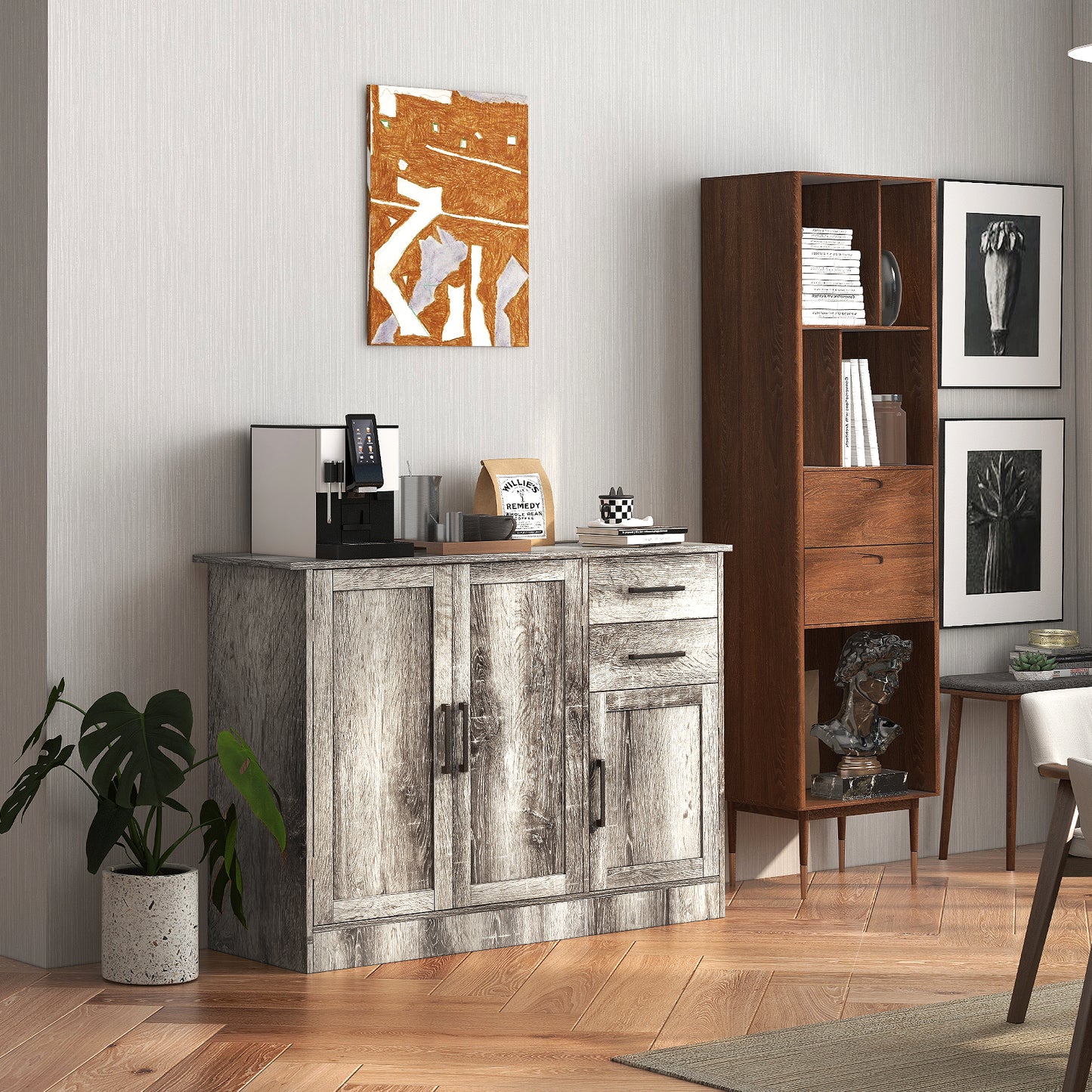 Modern Buffet Sideboard Cabinet with 2 Drawers and Adjustable Storage for Kitchen or Dining Room - Grey
