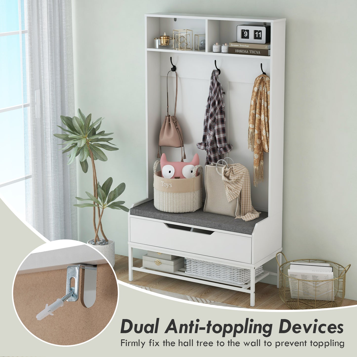 4-in-1 Entryway Hall Tree with Padded Seat Coat Rack and Shoe Storage - White