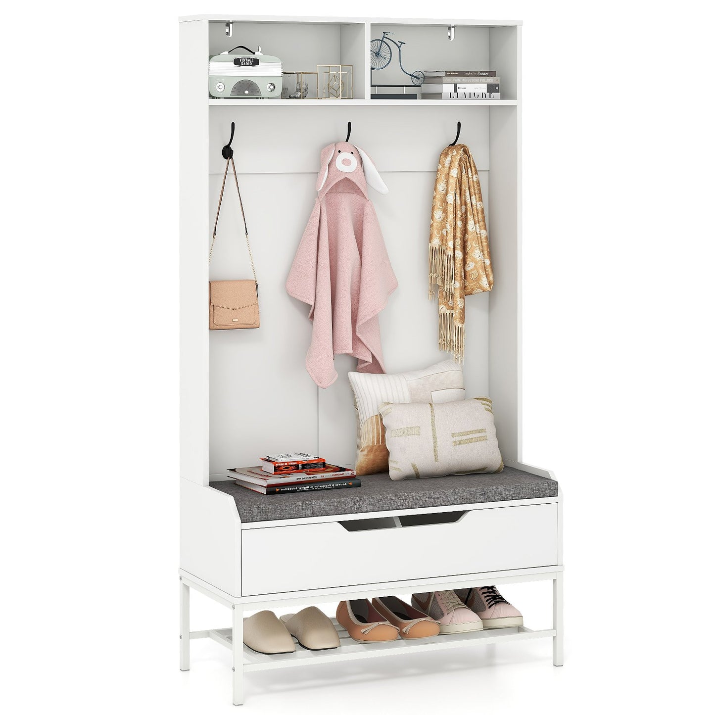 4-in-1 Entryway Hall Tree with Padded Seat Coat Rack and Shoe Storage - White