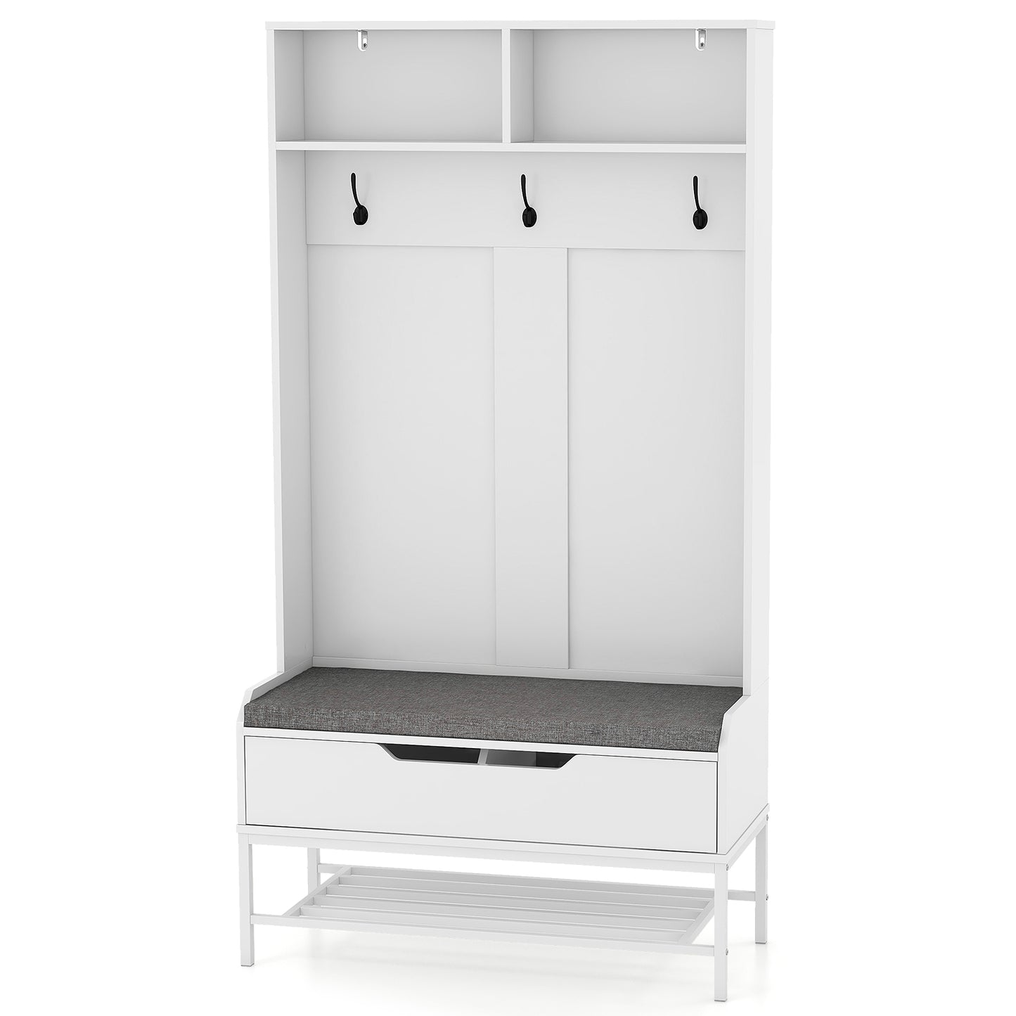 4-in-1 Entryway Hall Tree with Padded Seat Coat Rack and Shoe Storage - White