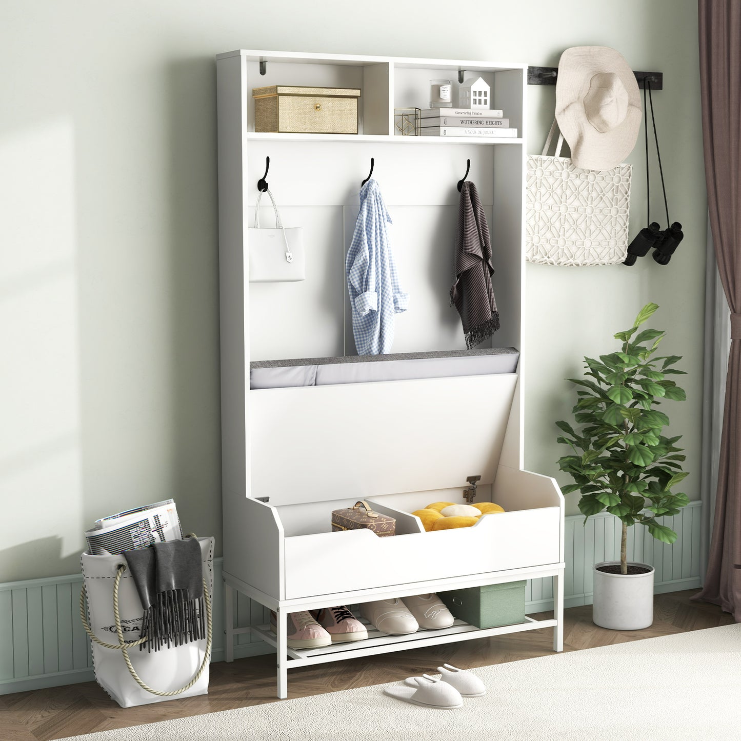 4-in-1 Entryway Hall Tree with Padded Seat Coat Rack and Shoe Storage - White