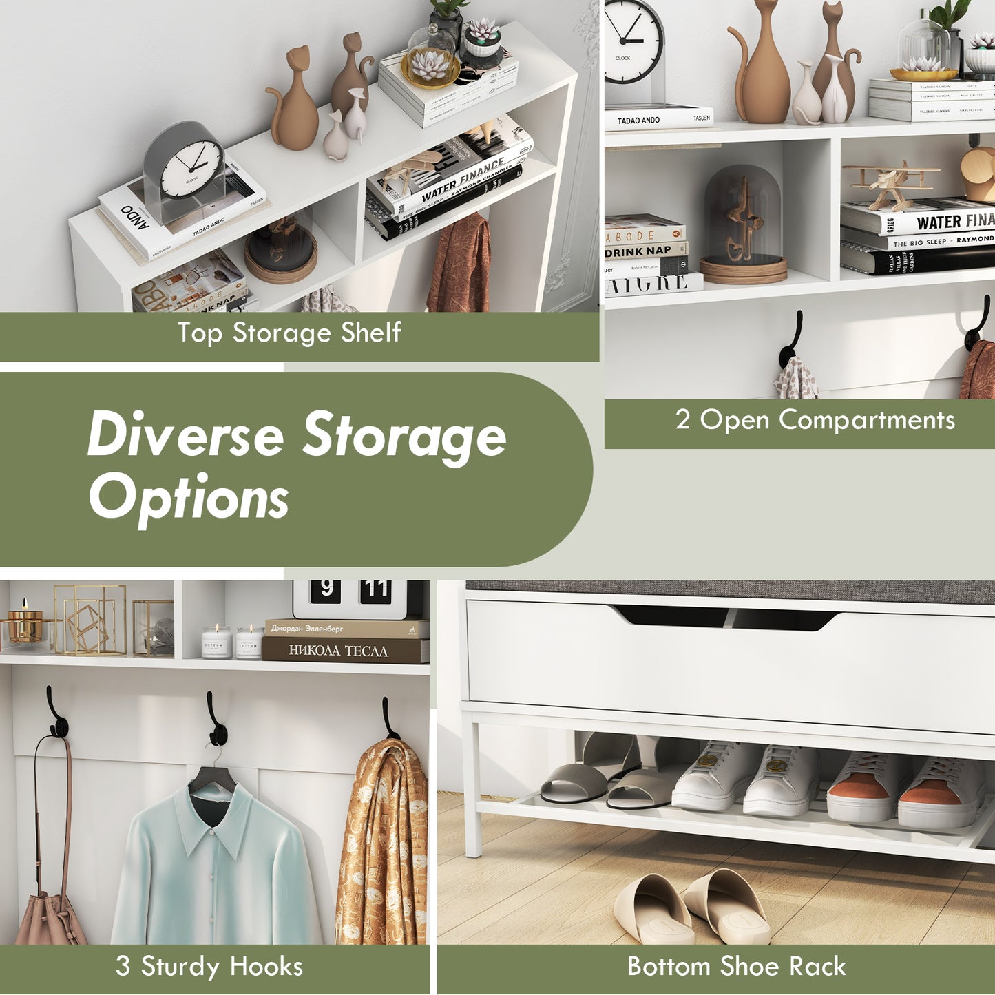 4-in-1 Entryway Hall Tree with Padded Seat Coat Rack and Shoe Storage - White