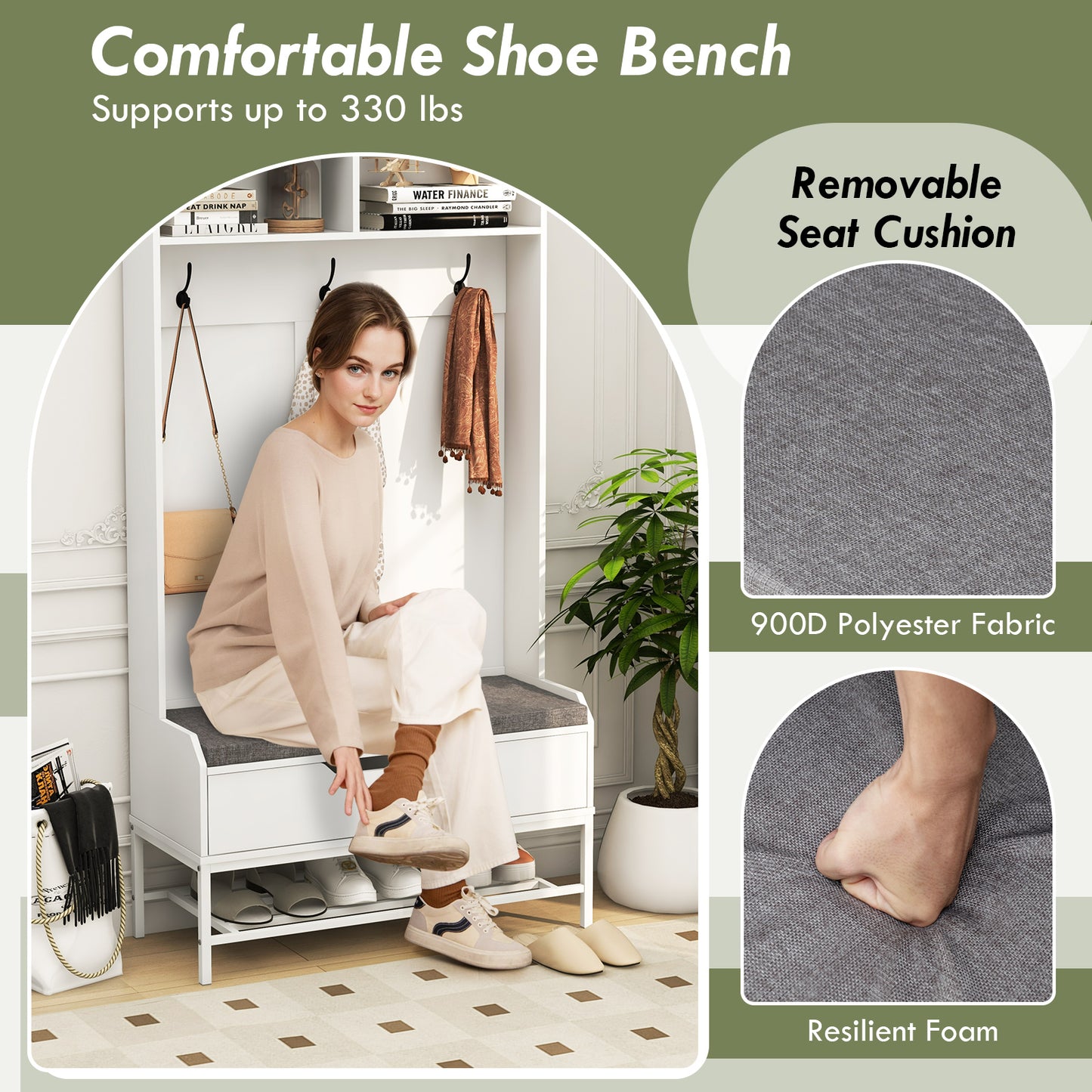 4-in-1 Entryway Hall Tree with Padded Seat Coat Rack and Shoe Storage - White