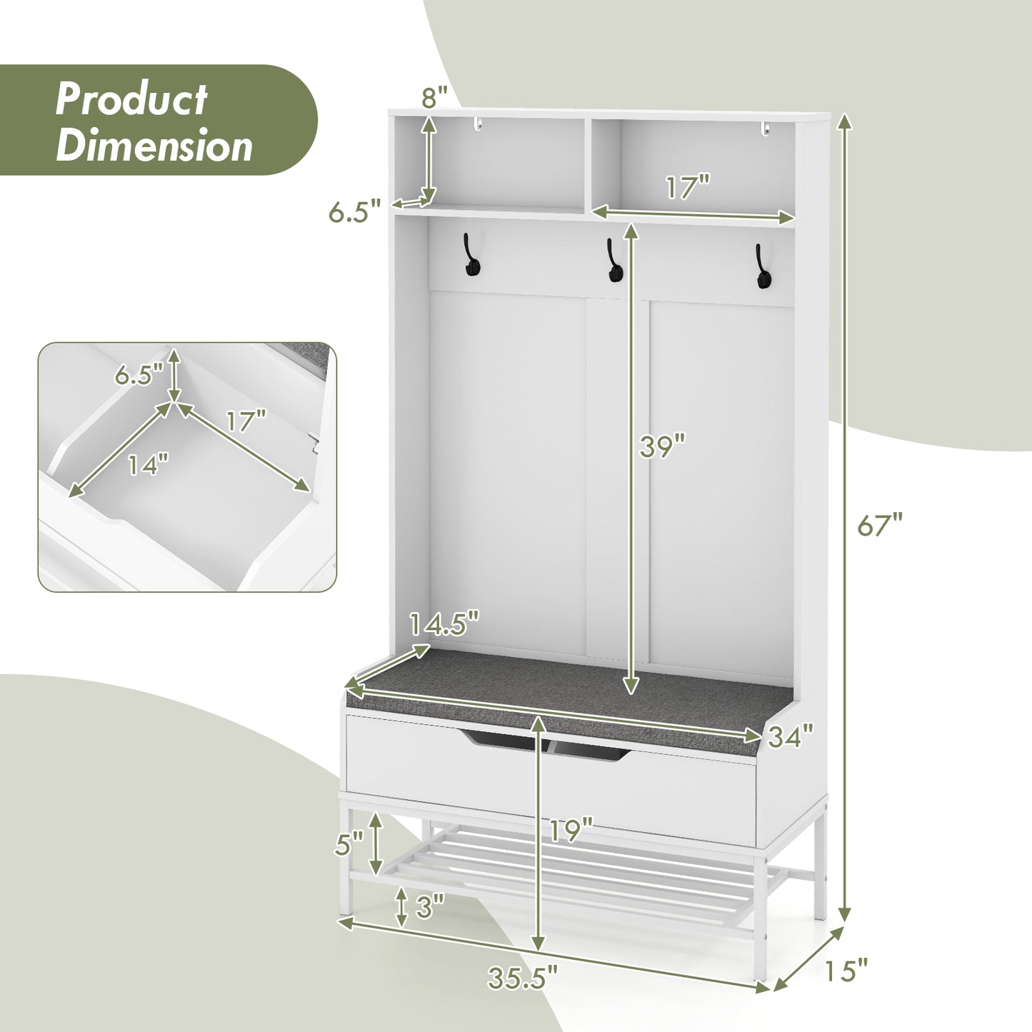 4-in-1 Entryway Hall Tree with Padded Seat Coat Rack and Shoe Storage - White