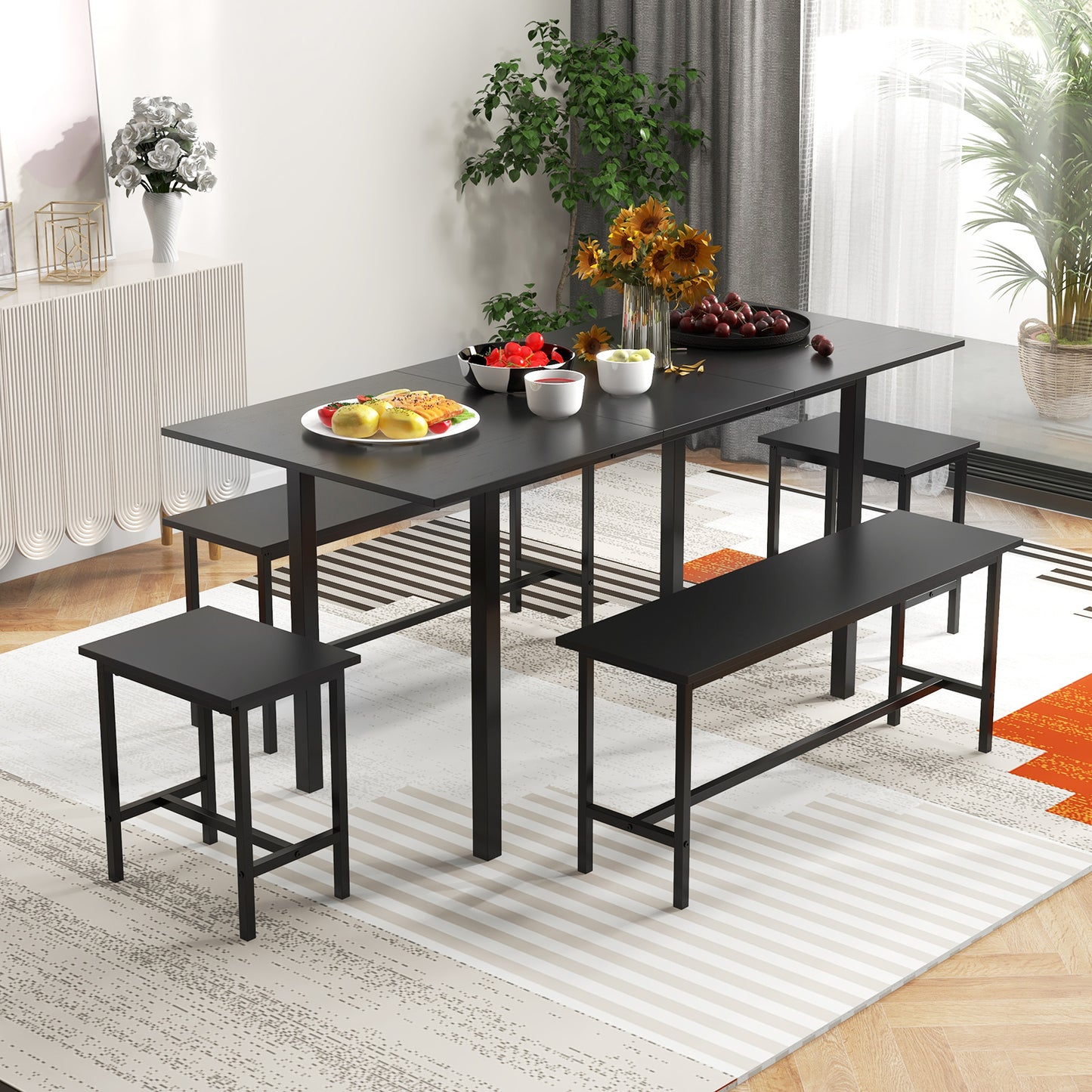 Expandable 5 Piece Dining Set with Benches and Stools for Kitchen and Dining Room - Black