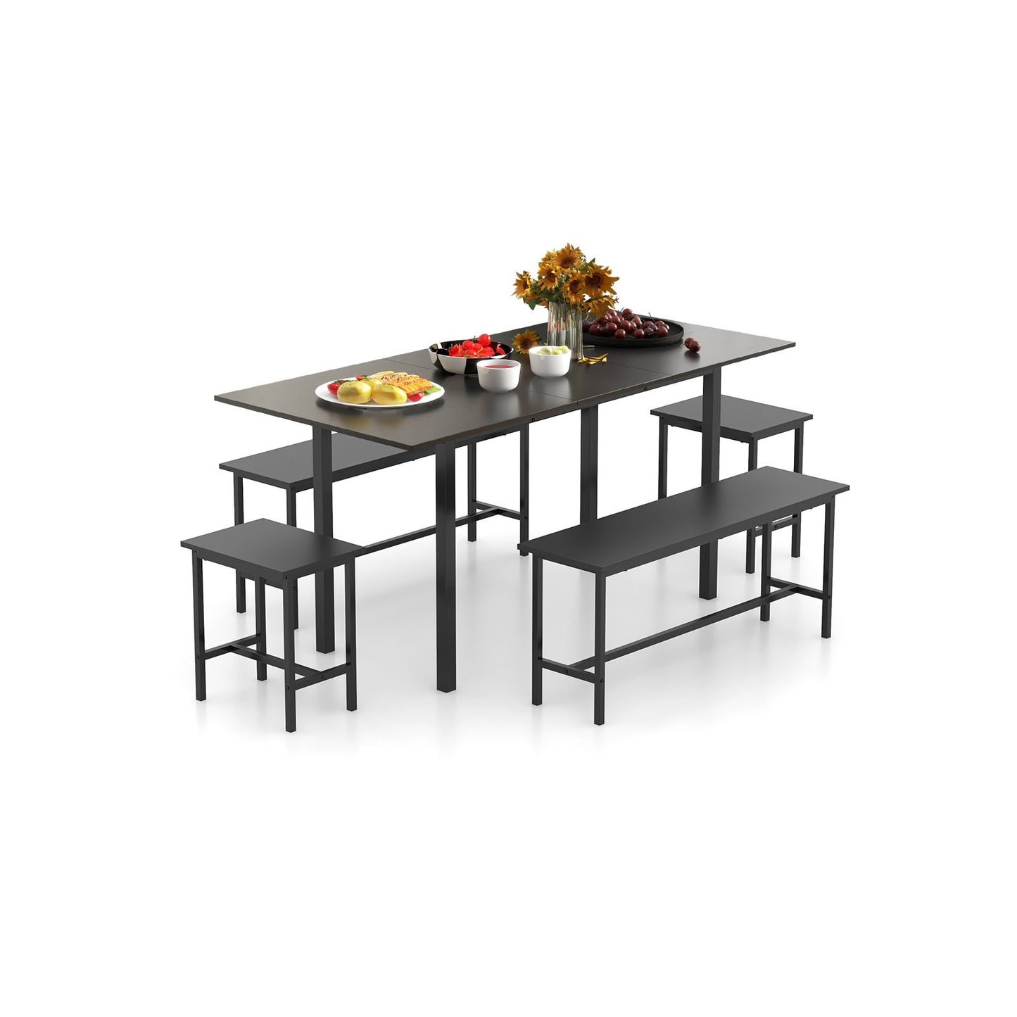 Expandable 5 Piece Dining Set with Benches and Stools for Kitchen and Dining Room - Black