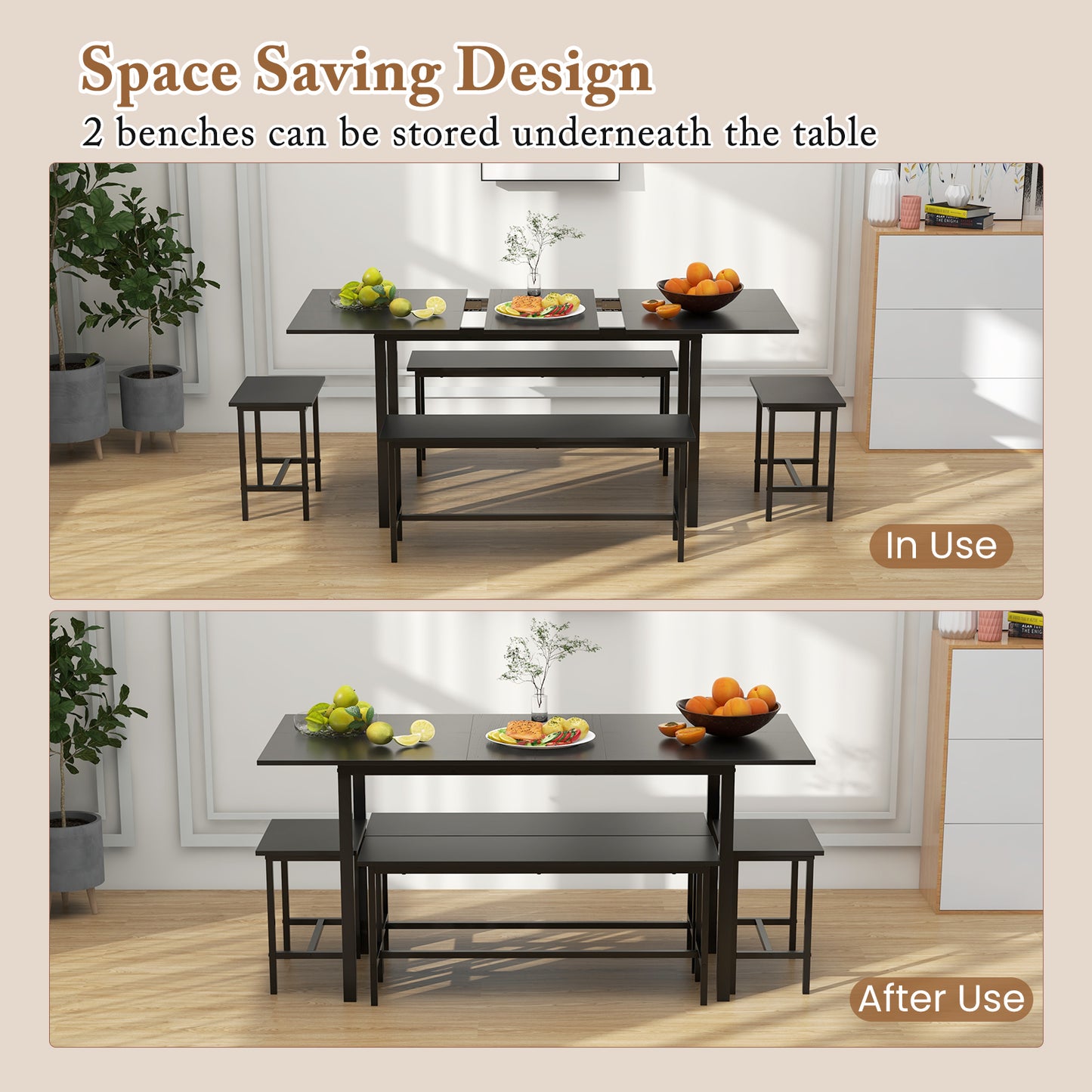 Expandable 5 Piece Dining Set with Benches and Stools for Kitchen and Dining Room - Black