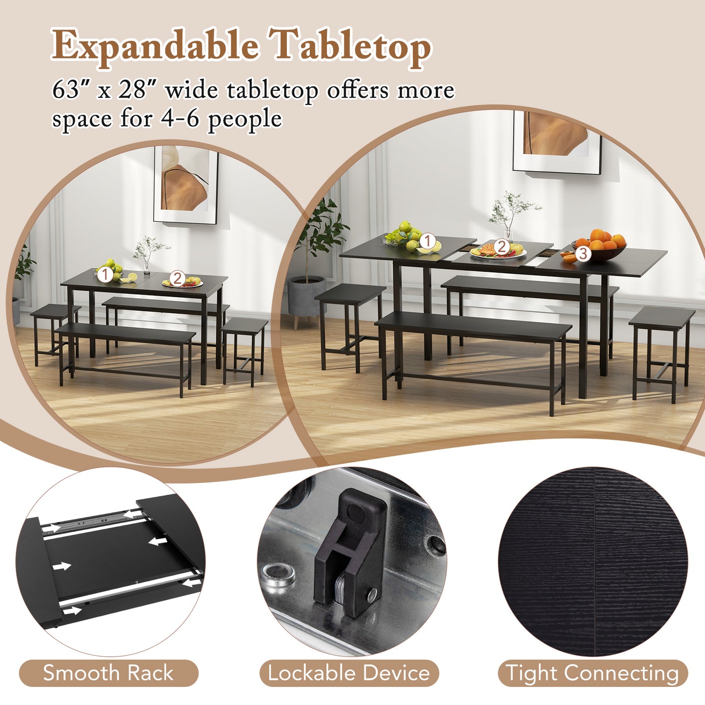 Expandable 5 Piece Dining Set with Benches and Stools for Kitchen and Dining Room - Black