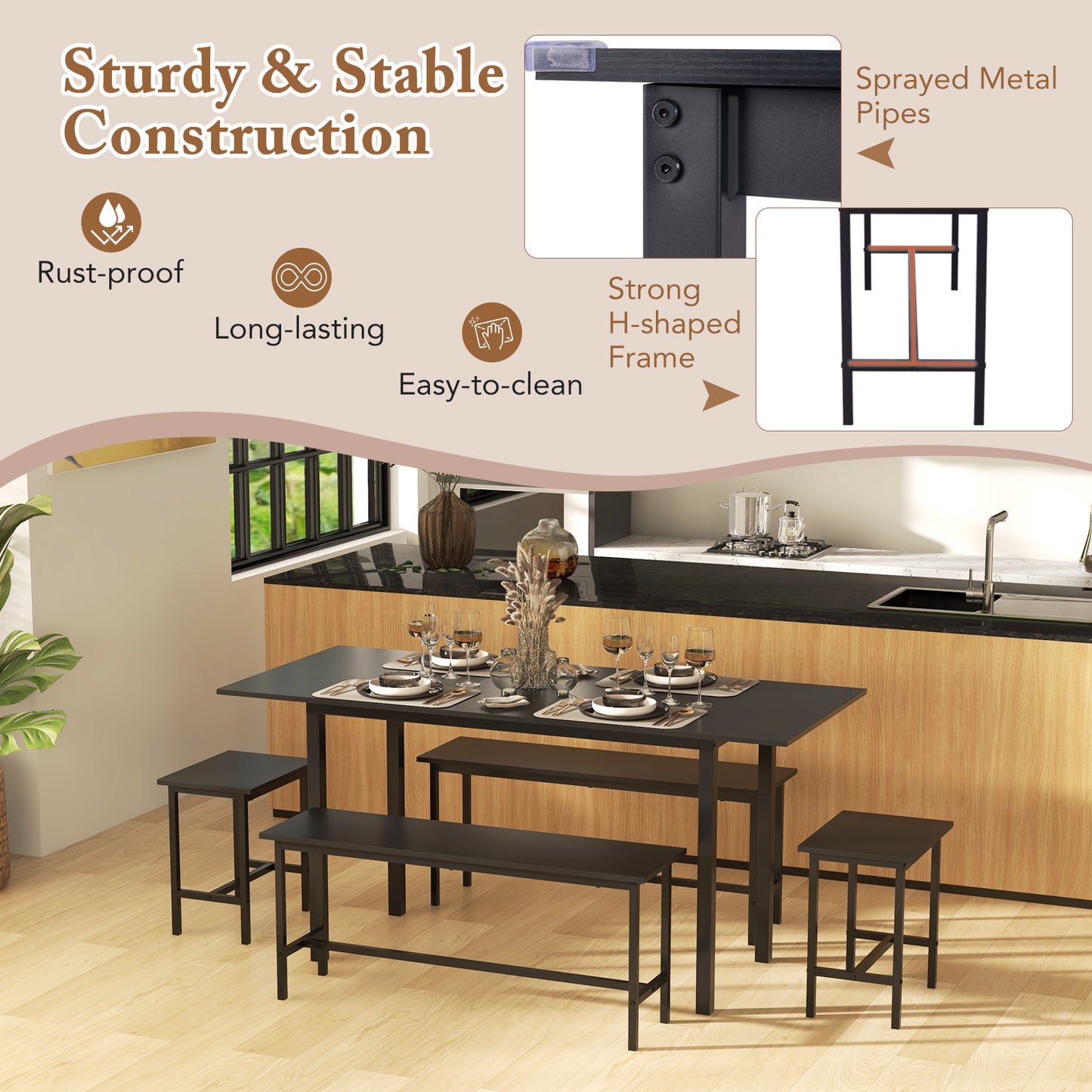Expandable 5 Piece Dining Set with Benches and Stools for Kitchen and Dining Room - Black