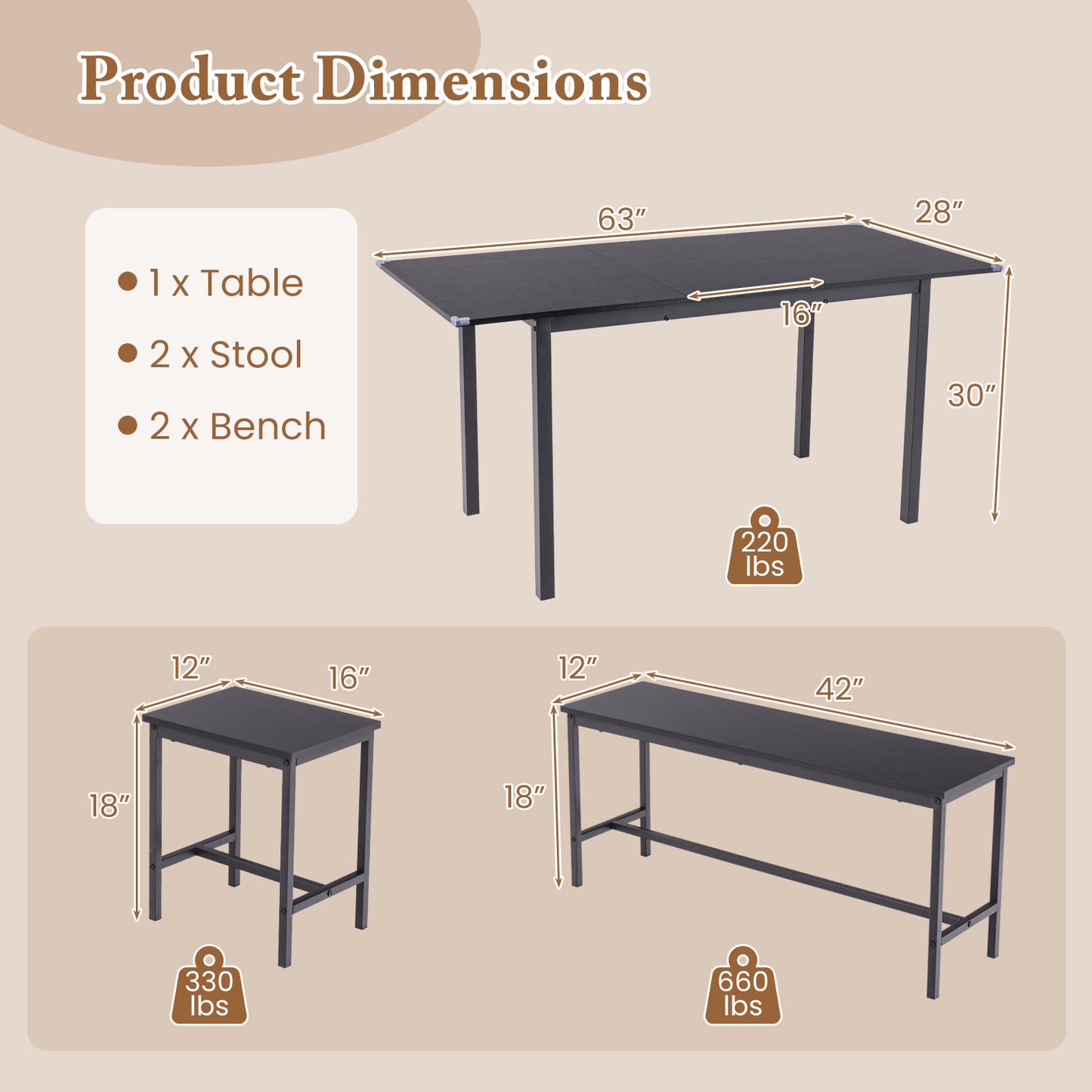 Expandable 5 Piece Dining Set with Benches and Stools for Kitchen and Dining Room - Black