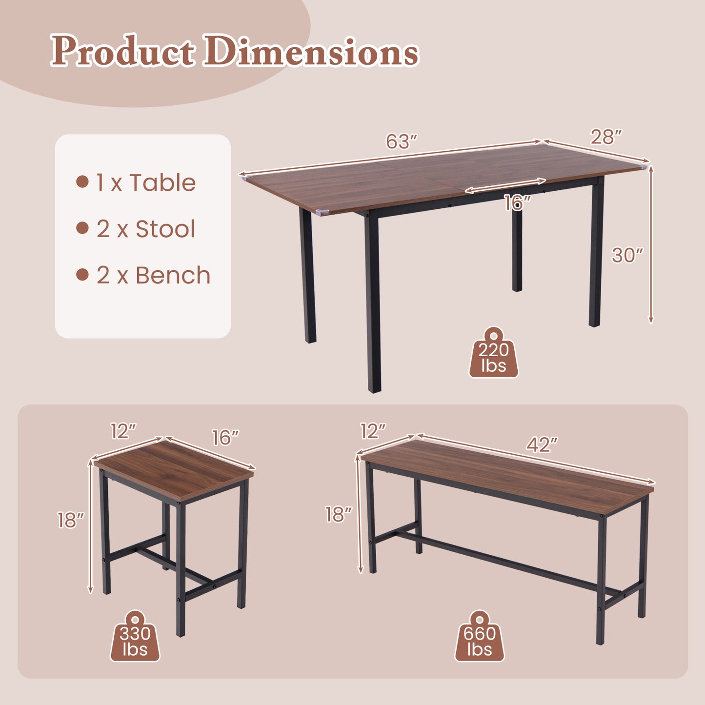 Expandable 5 Piece Dining Set with Benches and Stools for Kitchen and Dining Room - Walnut