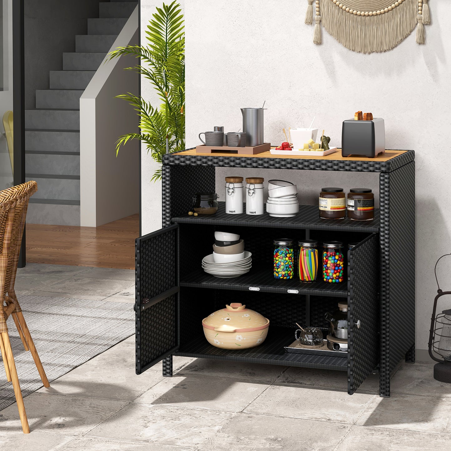 Outdoor Rattan Storage Cabinet with Acacia Wood Top for Patio Deck and Poolside - Black