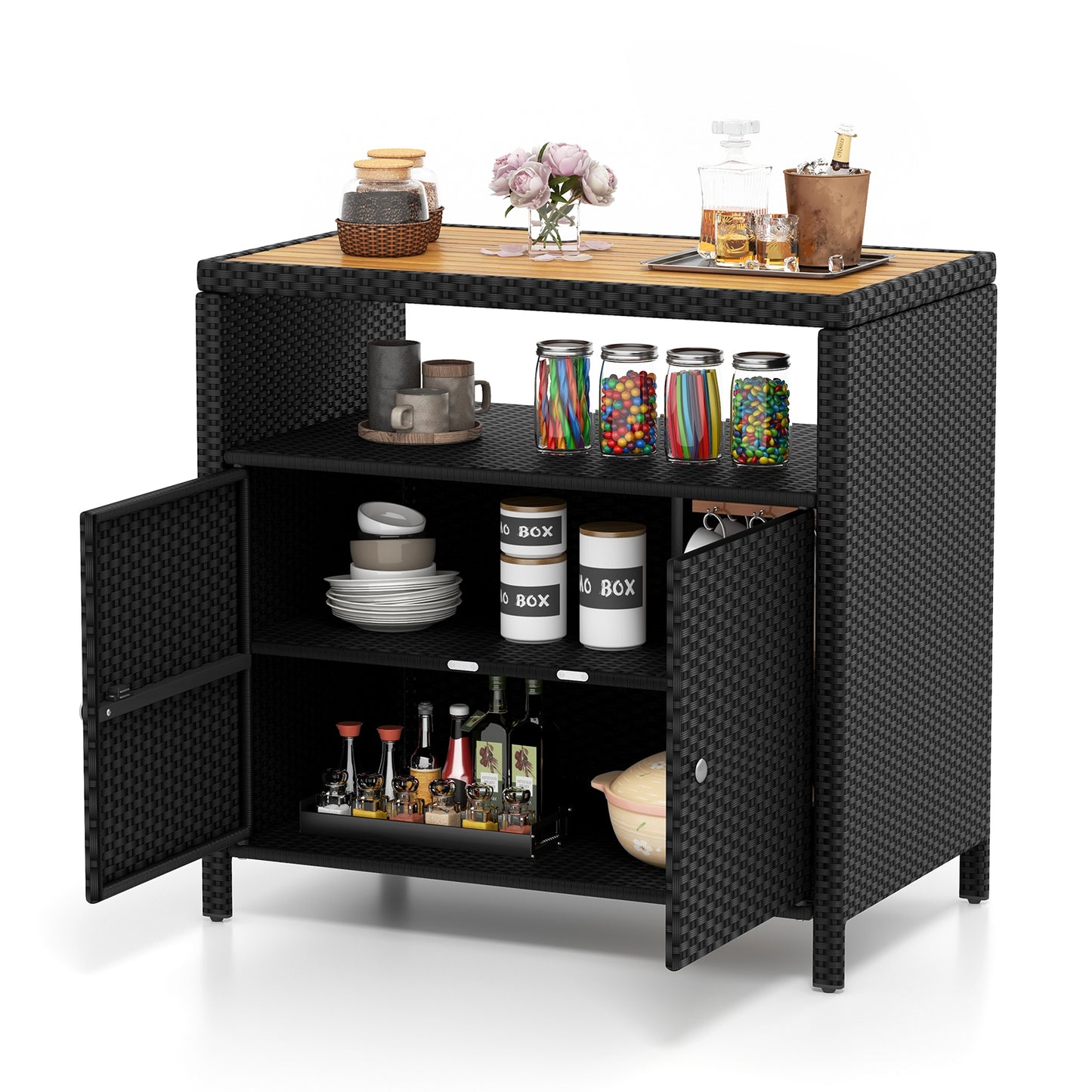 Outdoor Rattan Storage Cabinet with Acacia Wood Top for Patio Deck and Poolside - Black