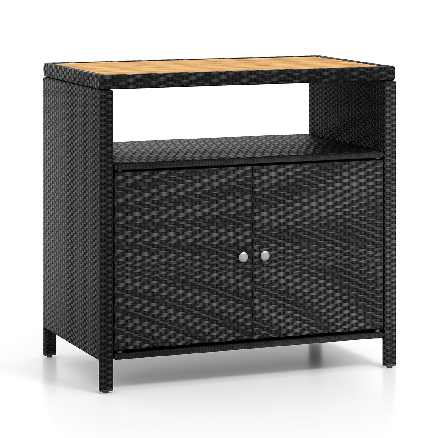 Outdoor Rattan Storage Cabinet with Acacia Wood Top for Patio Deck and Poolside - Black