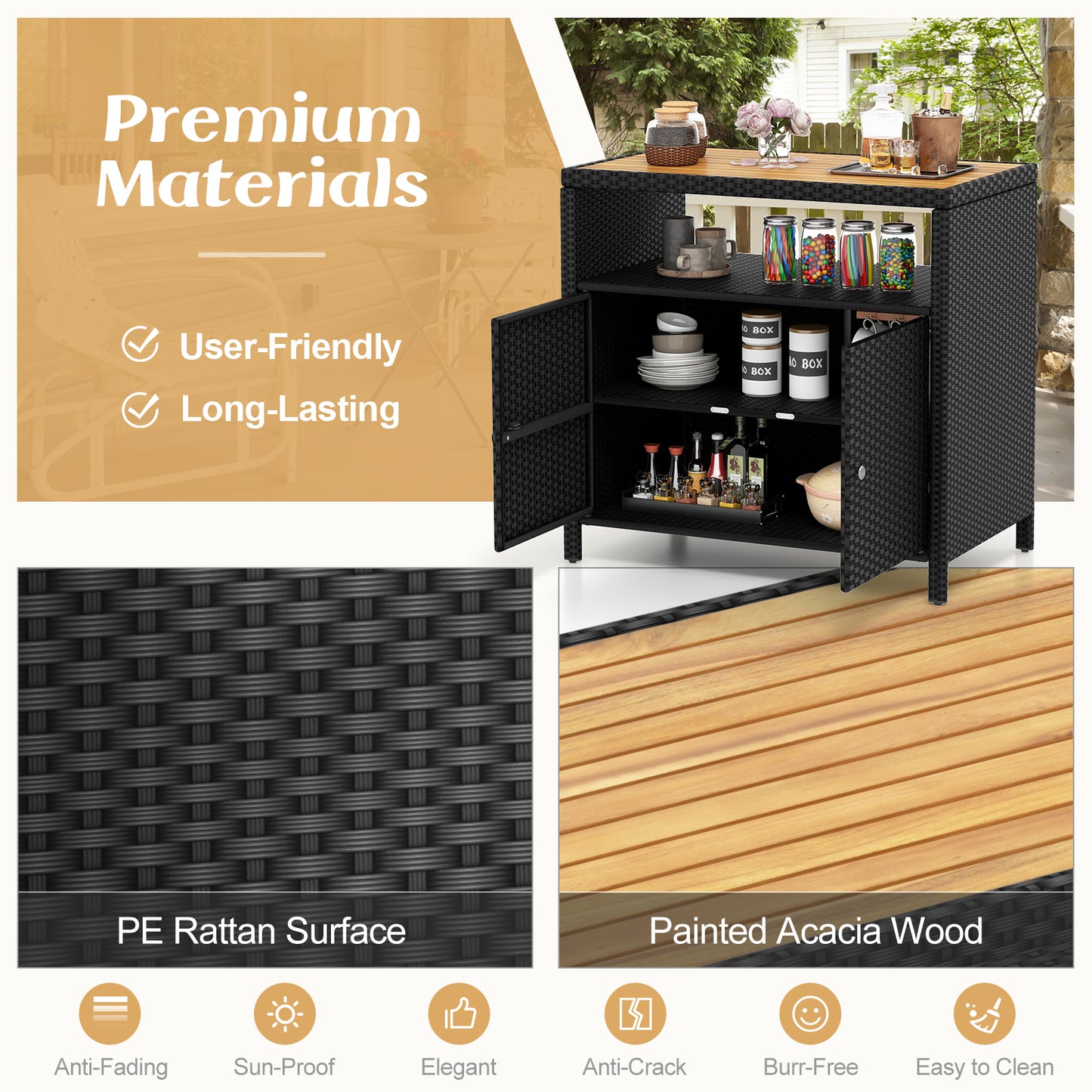Outdoor Rattan Storage Cabinet with Acacia Wood Top for Patio Deck and Poolside - Black