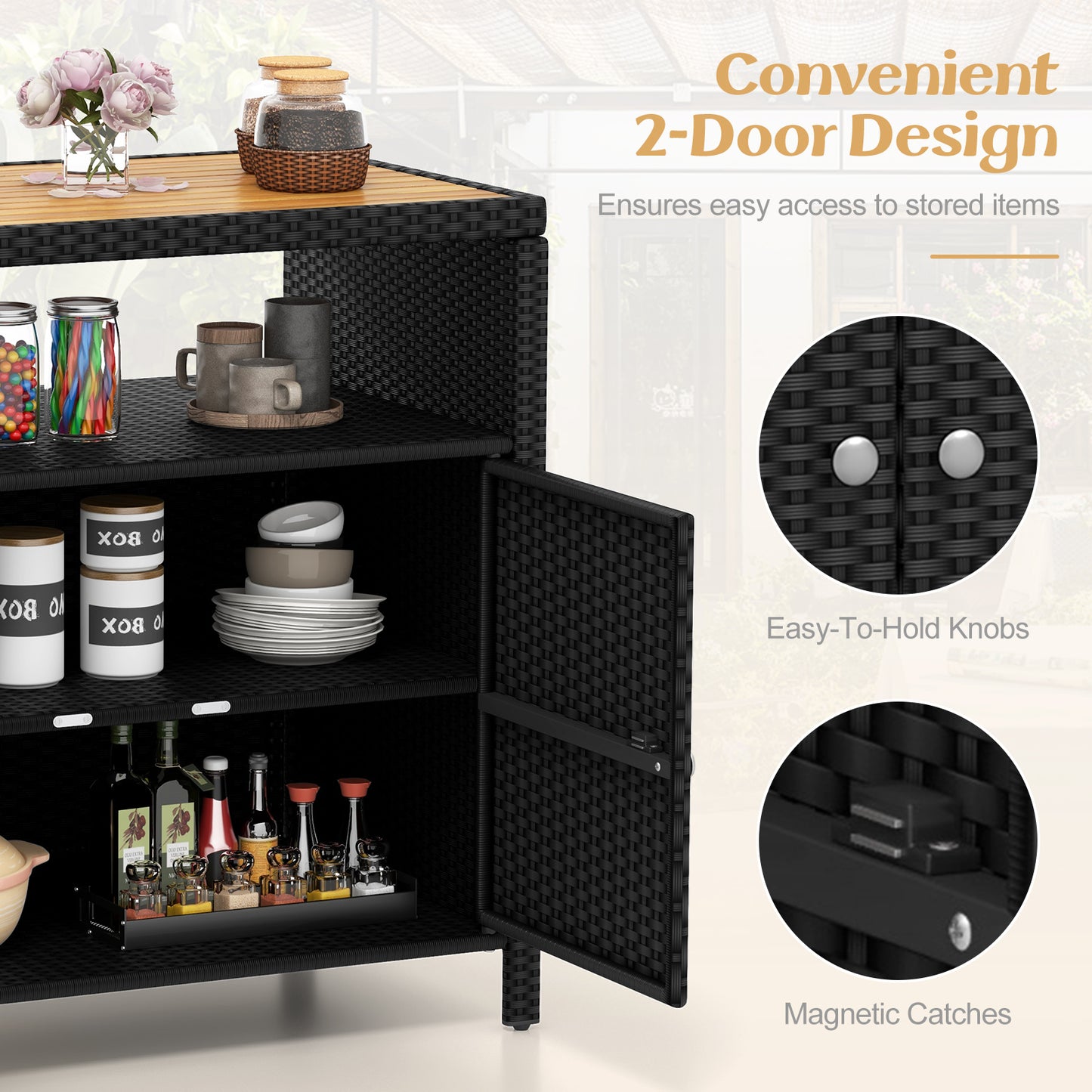Outdoor Rattan Storage Cabinet with Acacia Wood Top for Patio Deck and Poolside - Black