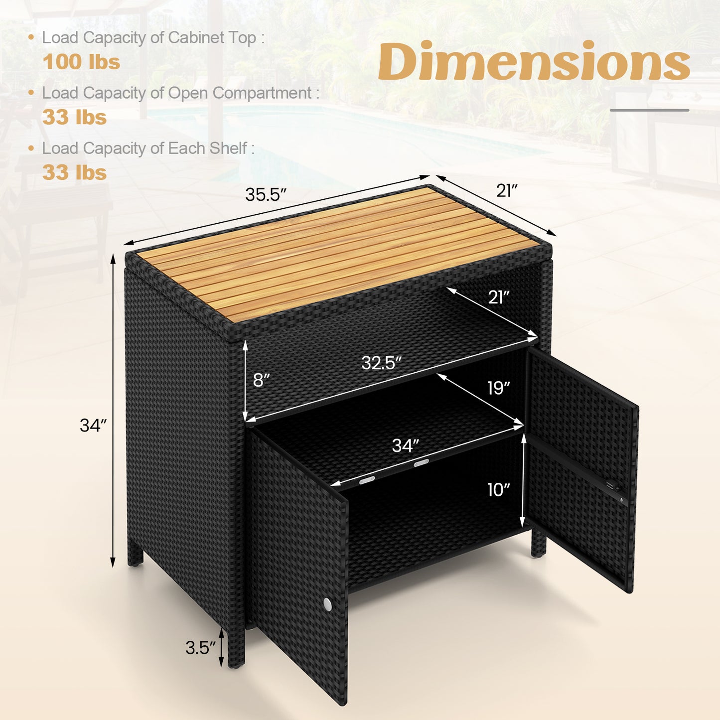 Outdoor Rattan Storage Cabinet with Acacia Wood Top for Patio Deck and Poolside - Black