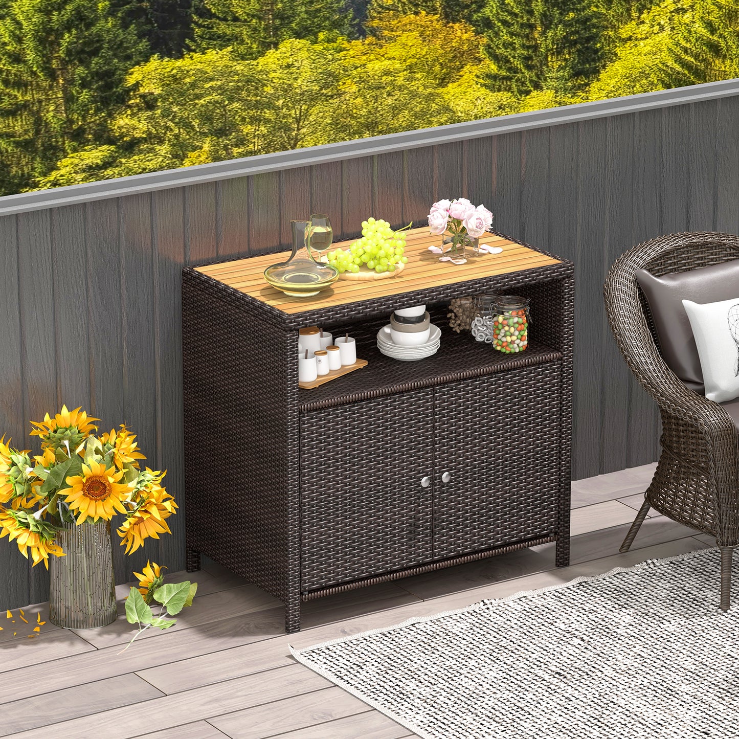 Outdoor Rattan Storage Cabinet with Acacia Wood Top for Patio Deck and Poolside - Brown