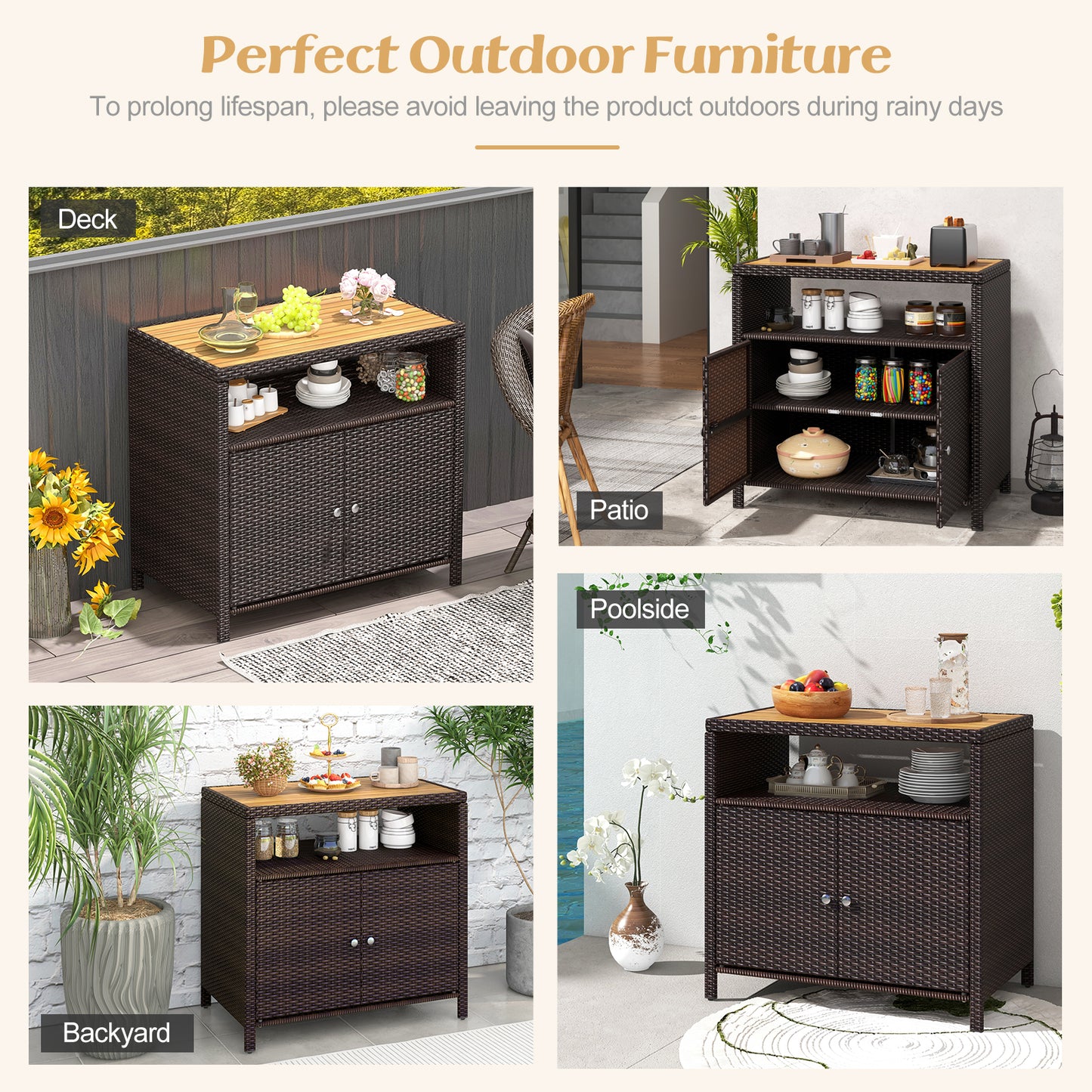 Outdoor Rattan Storage Cabinet with Acacia Wood Top for Patio Deck and Poolside - Brown