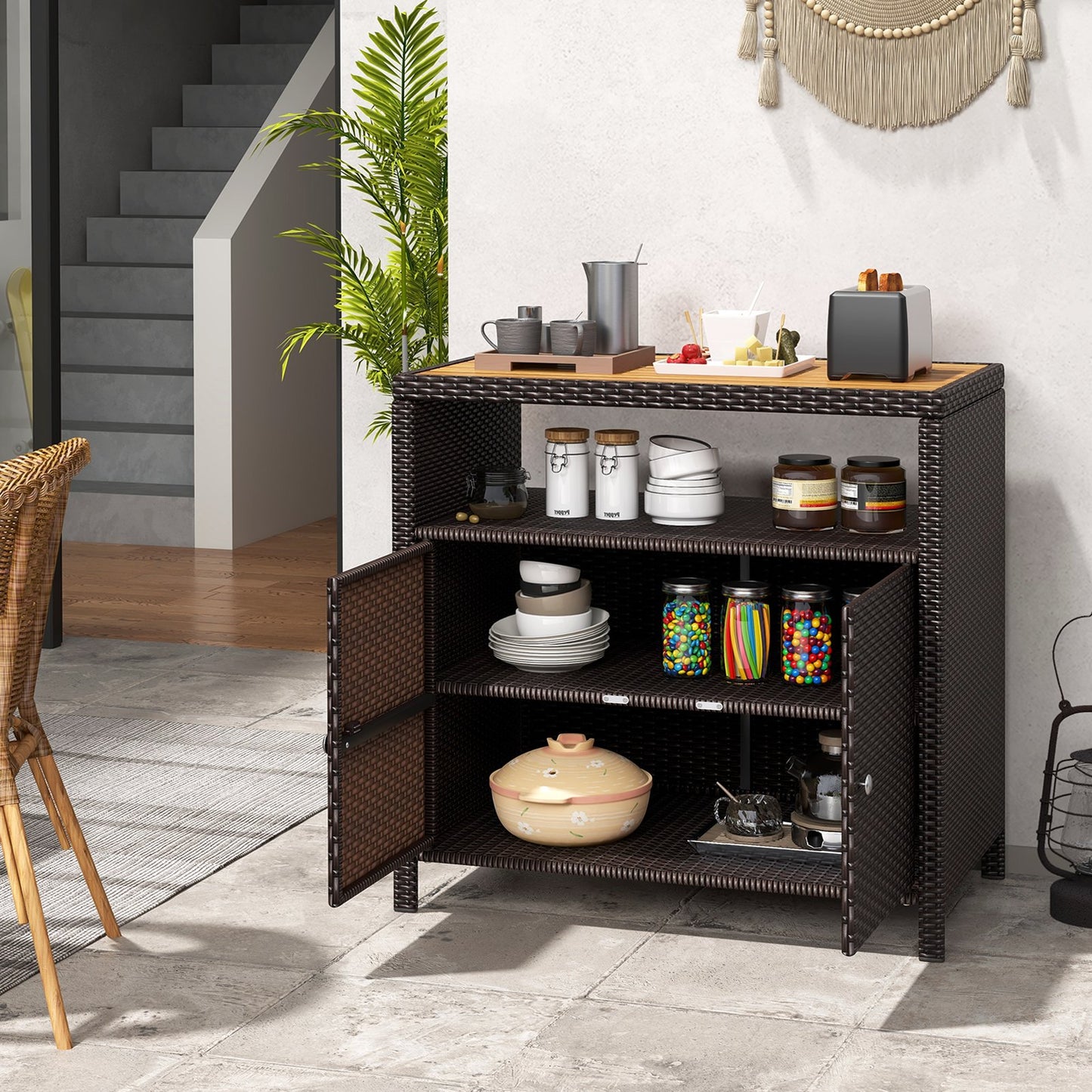 Outdoor Rattan Storage Cabinet with Acacia Wood Top for Patio Deck and Poolside - Brown