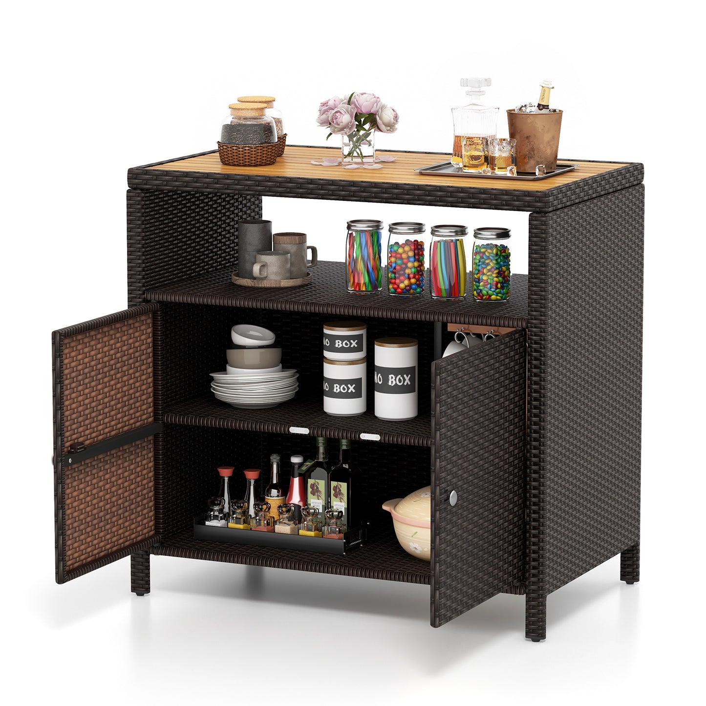 Outdoor Rattan Storage Cabinet with Acacia Wood Top for Patio Deck and Poolside - Brown