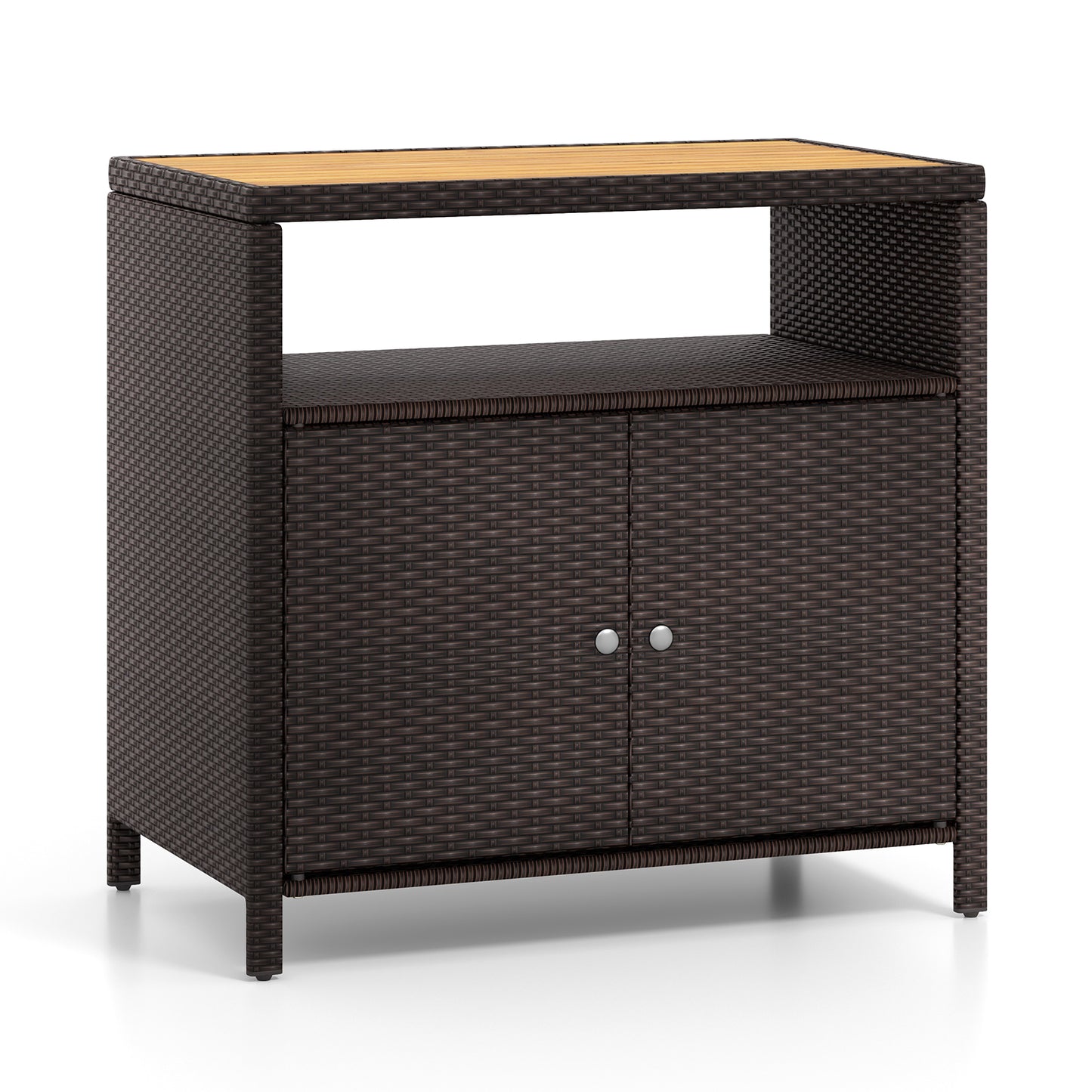 Outdoor Rattan Storage Cabinet with Acacia Wood Top for Patio Deck and Poolside - Brown