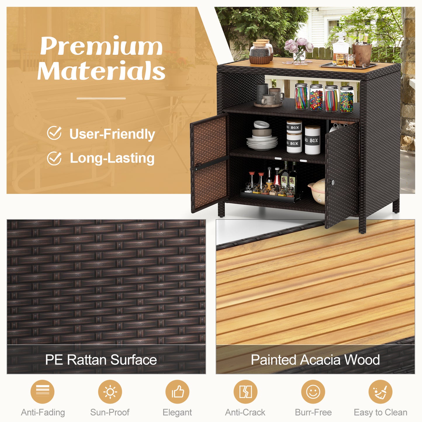 Outdoor Rattan Storage Cabinet with Acacia Wood Top for Patio Deck and Poolside - Brown