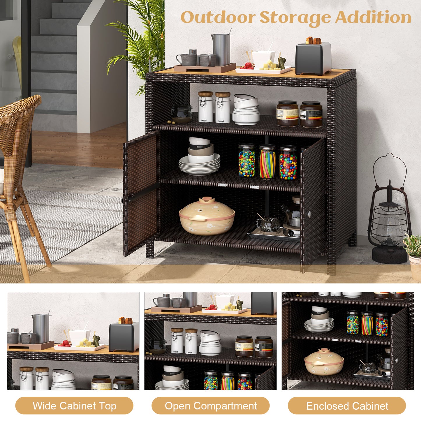 Outdoor Rattan Storage Cabinet with Acacia Wood Top for Patio Deck and Poolside - Brown