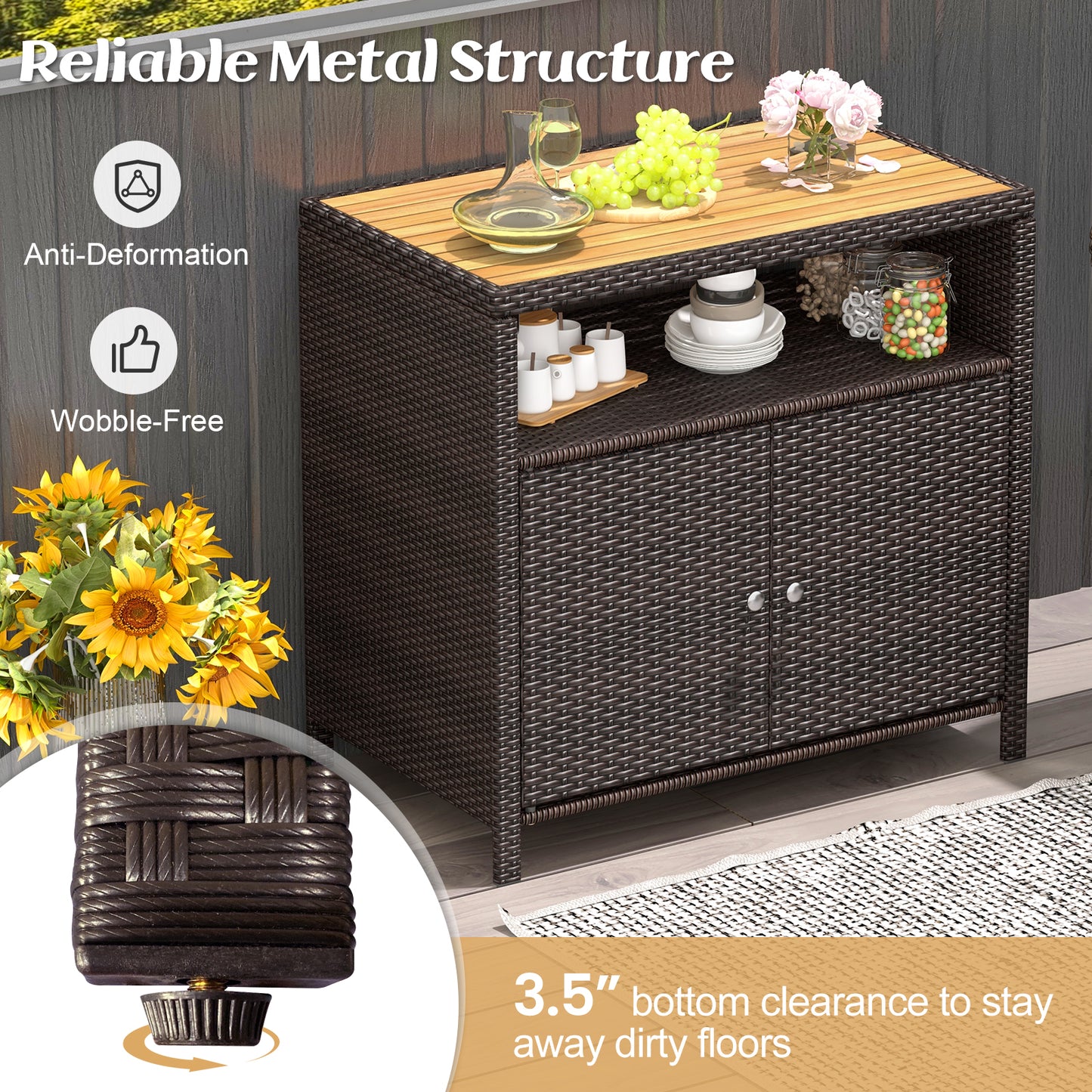 Outdoor Rattan Storage Cabinet with Acacia Wood Top for Patio Deck and Poolside - Brown