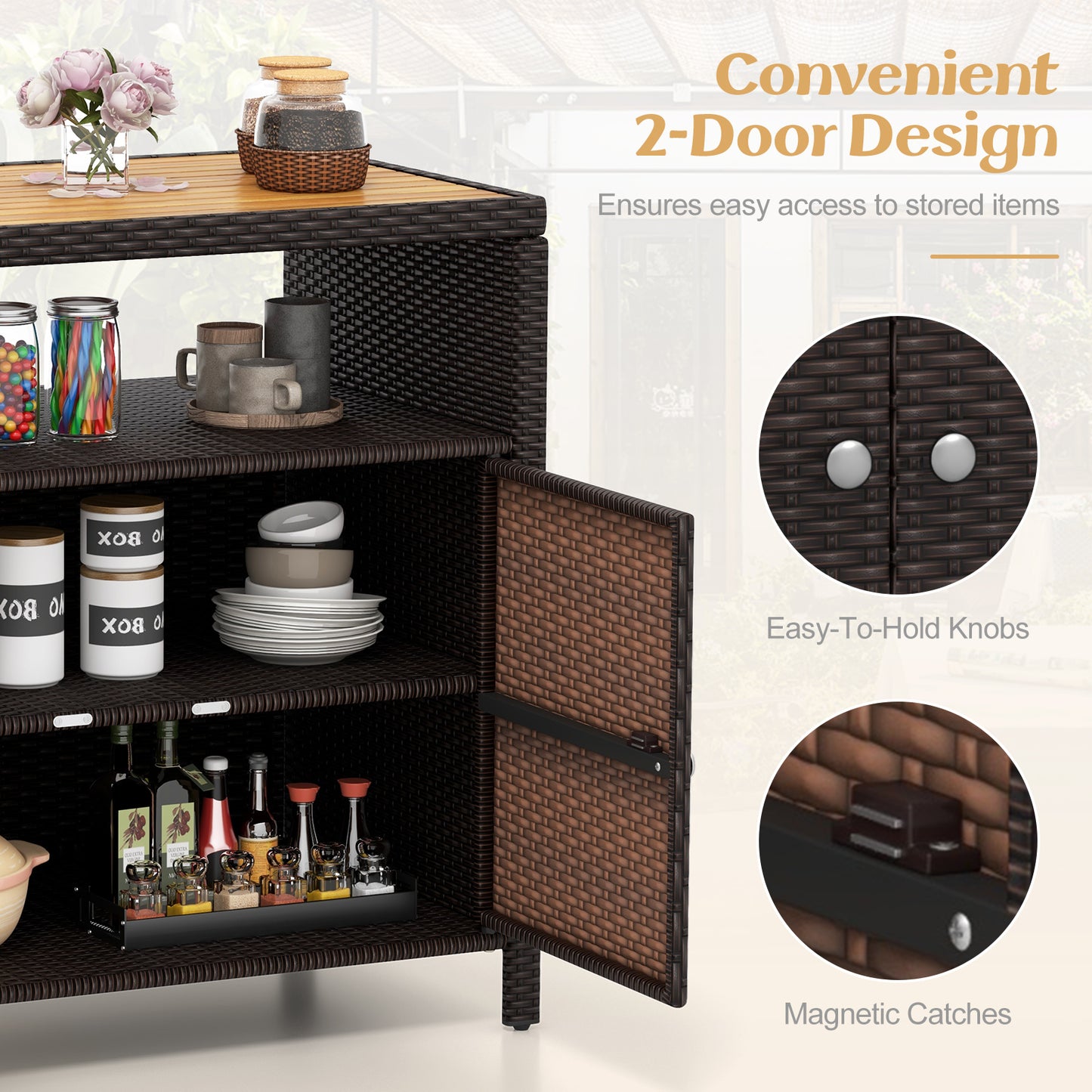 Outdoor Rattan Storage Cabinet with Acacia Wood Top for Patio Deck and Poolside - Brown