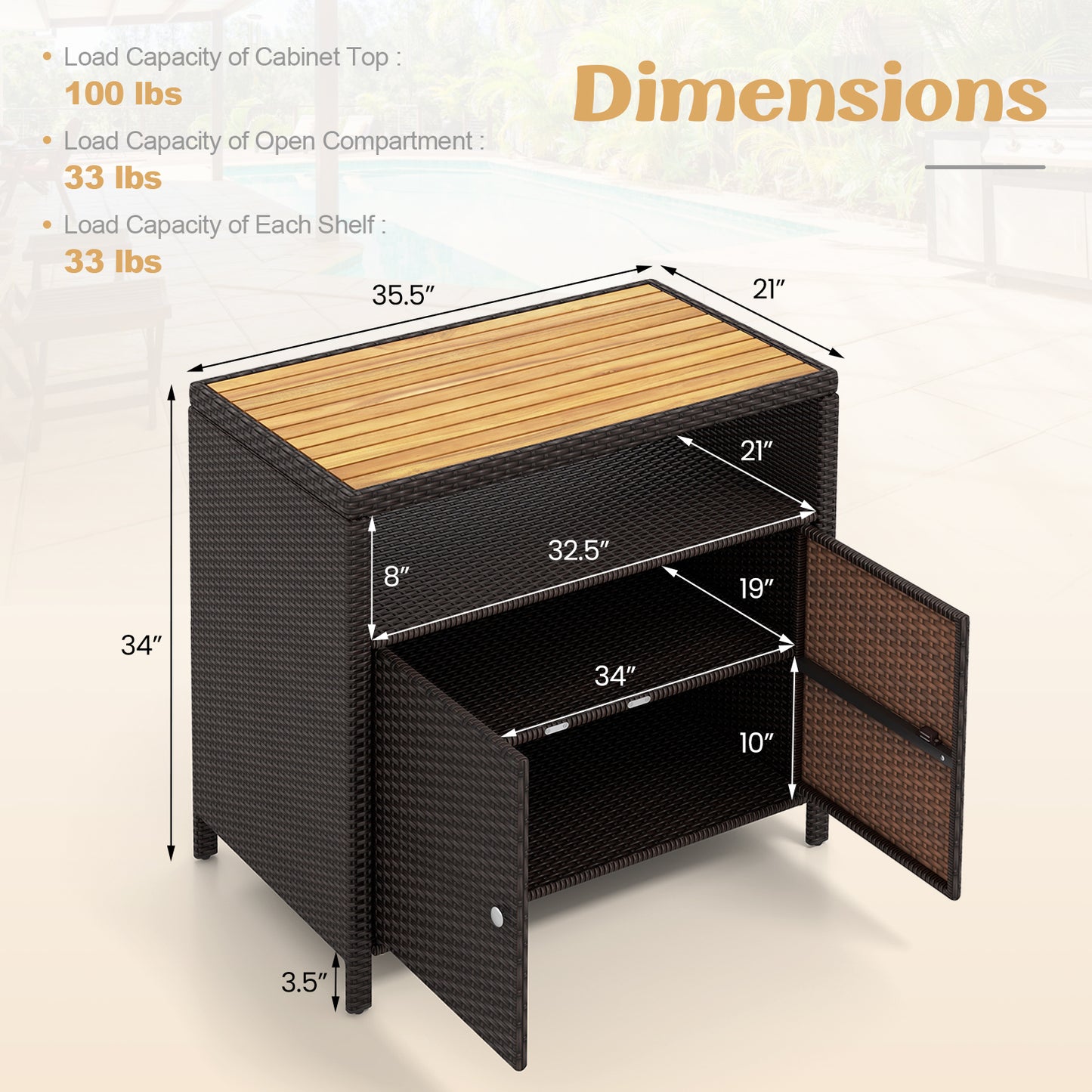 Outdoor Rattan Storage Cabinet with Acacia Wood Top for Patio Deck and Poolside - Brown