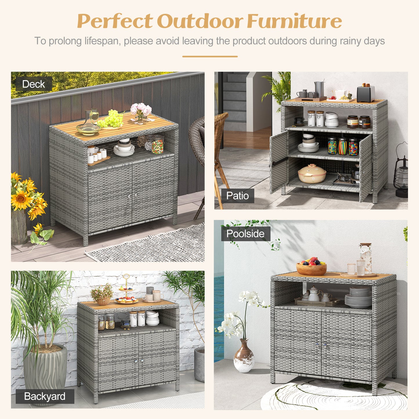Outdoor Rattan Storage Cabinet with Acacia Wood Top for Patio Deck and Poolside - Grey