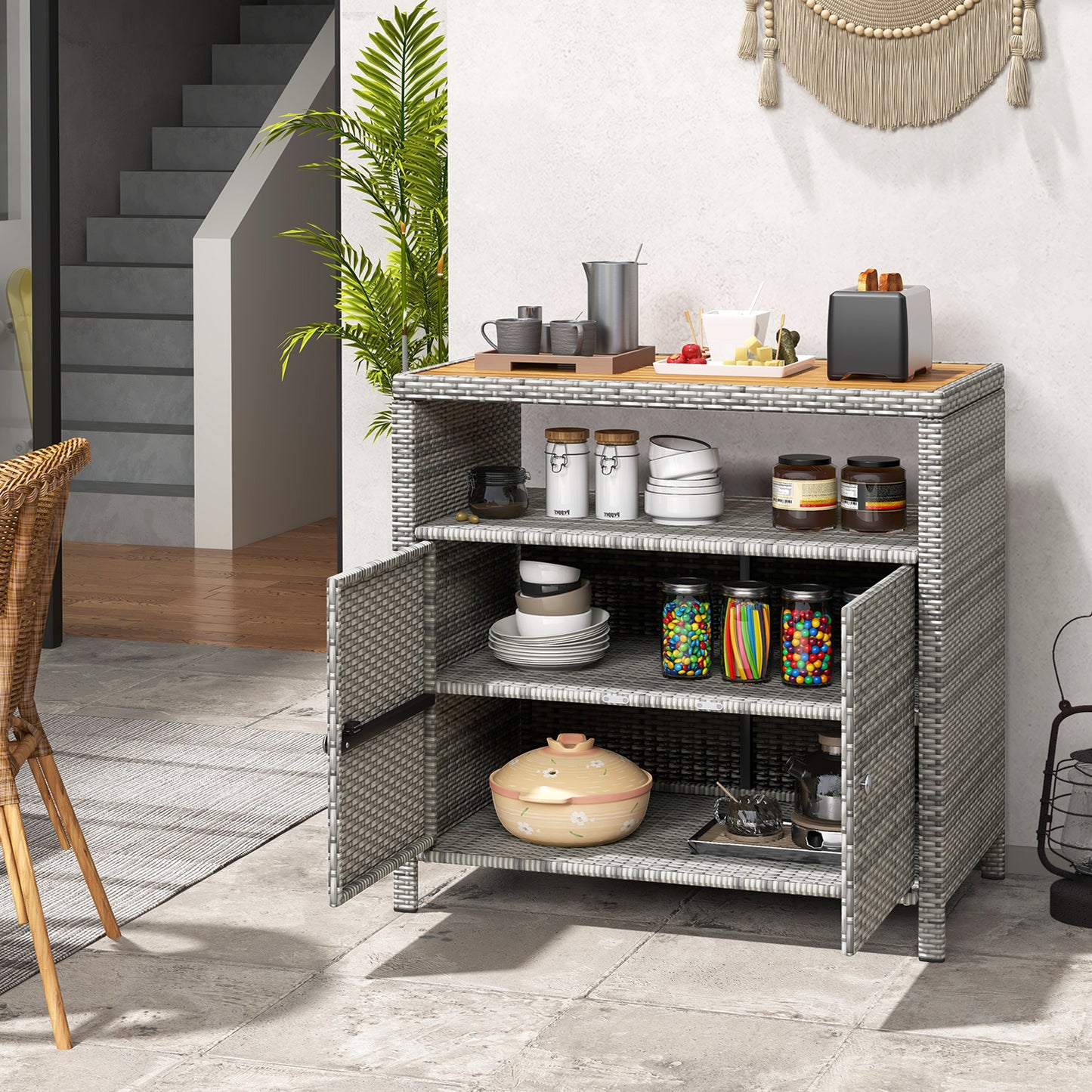 Outdoor Rattan Storage Cabinet with Acacia Wood Top for Patio Deck and Poolside - Grey