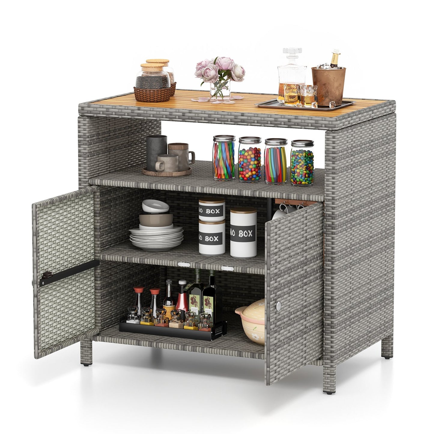 Outdoor Rattan Storage Cabinet with Acacia Wood Top for Patio Deck and Poolside - Grey