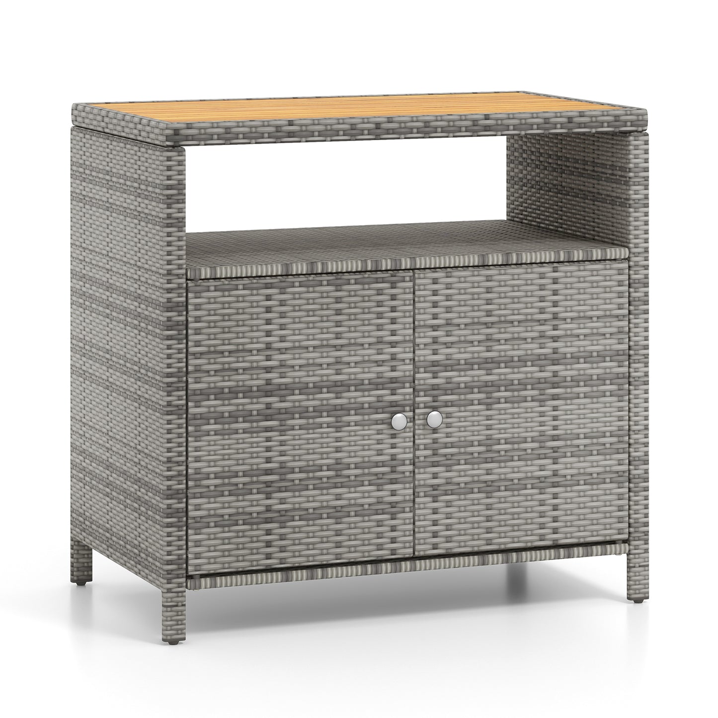 Outdoor Rattan Storage Cabinet with Acacia Wood Top for Patio Deck and Poolside - Grey