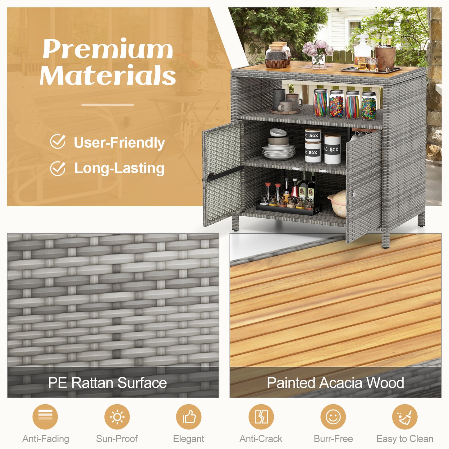 Outdoor Rattan Storage Cabinet with Acacia Wood Top for Patio Deck and Poolside - Grey