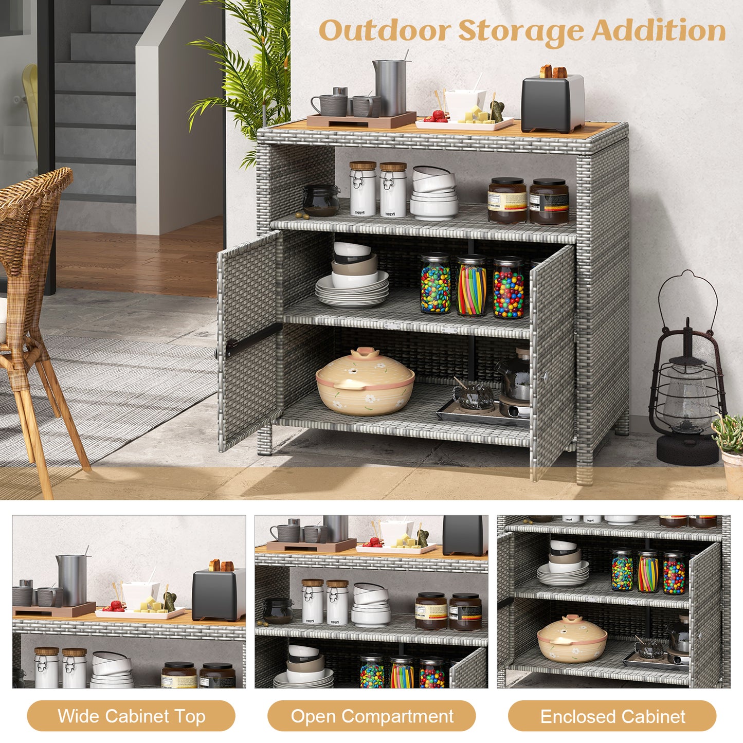 Outdoor Rattan Storage Cabinet with Acacia Wood Top for Patio Deck and Poolside - Grey