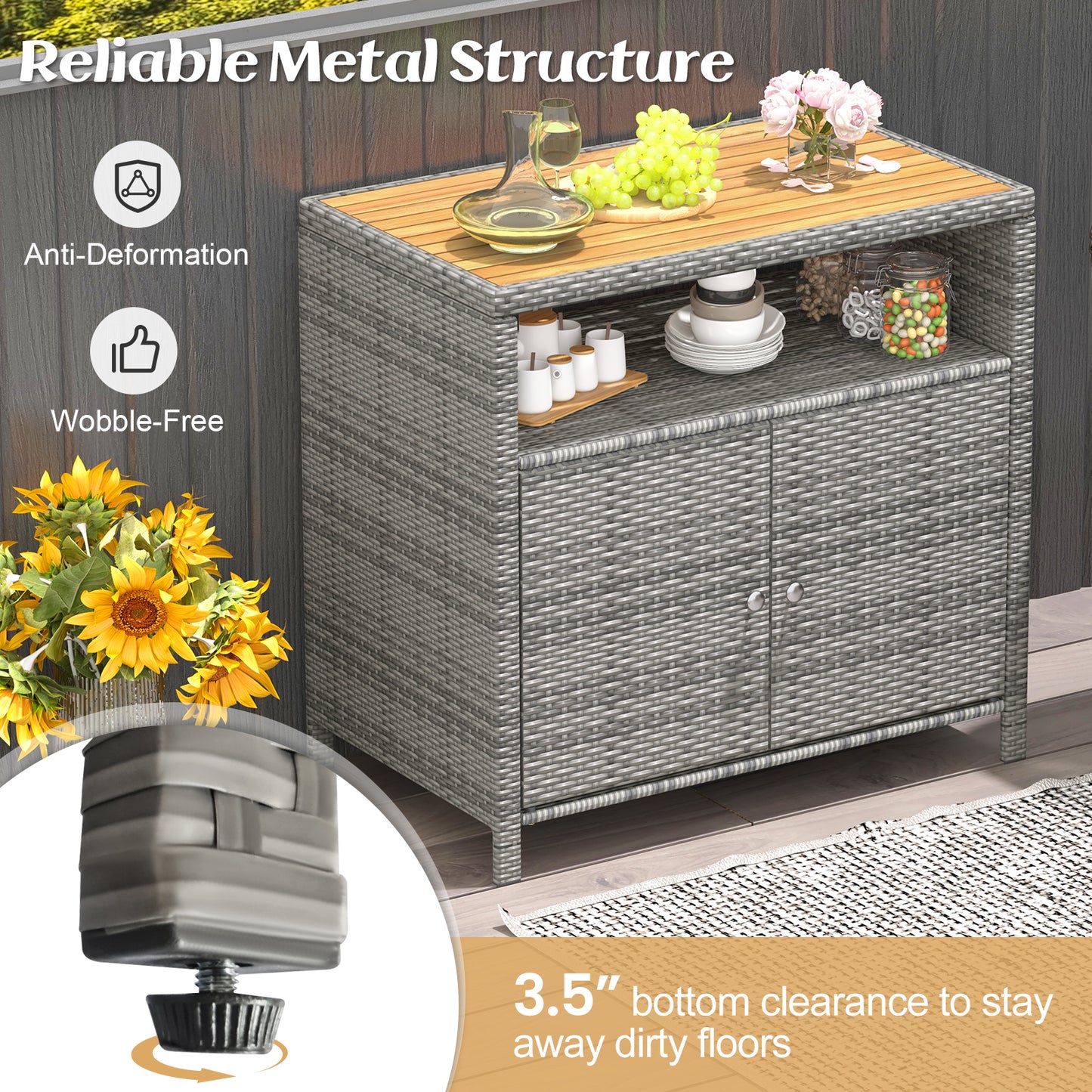 Outdoor Rattan Storage Cabinet with Acacia Wood Top for Patio Deck and Poolside - Grey
