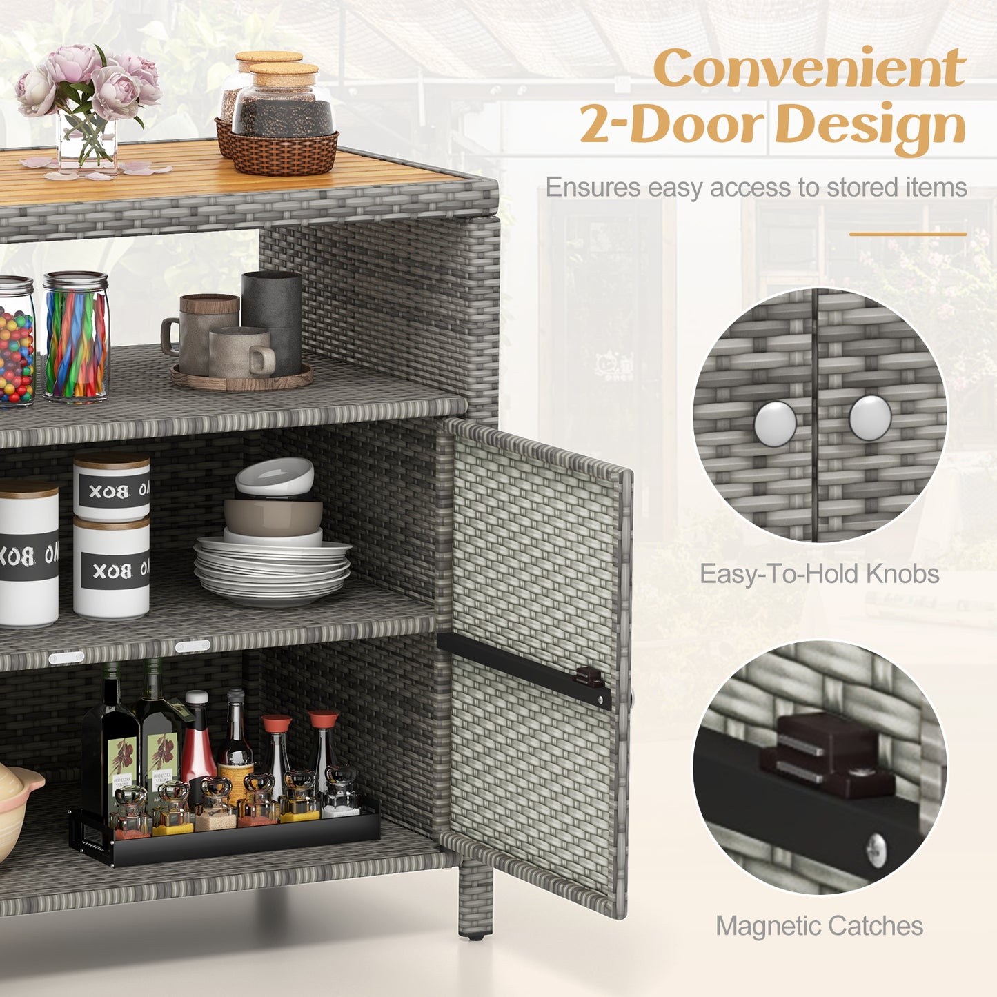 Outdoor Rattan Storage Cabinet with Acacia Wood Top for Patio Deck and Poolside - Grey